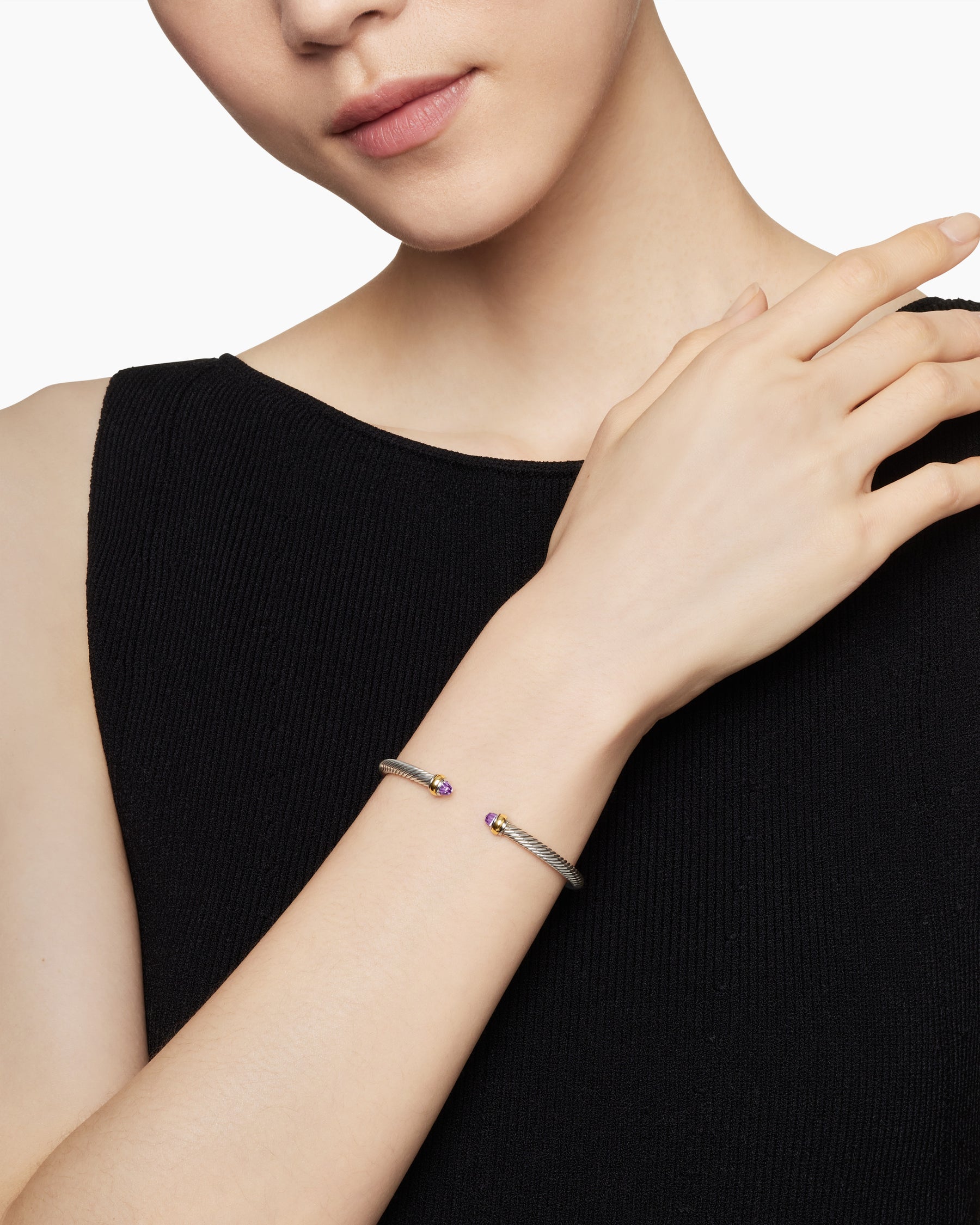 Classic Cable Bracelet in Sterling Silver with 18K Yellow Gold and Amethyst, 4mm - Image 7
