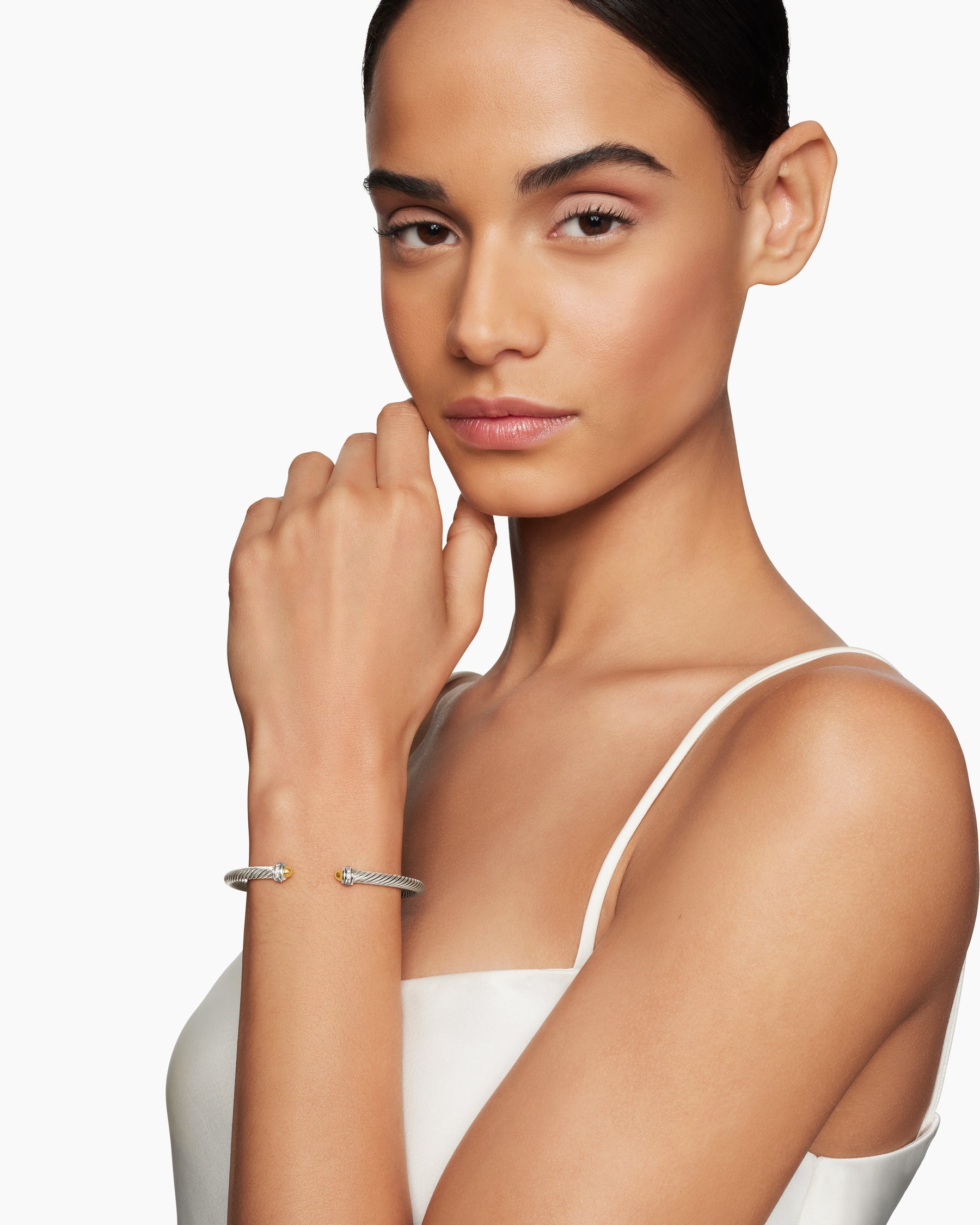 Alternative view of Classic Cable Bracelet in Sterling Silver with 18K Yellow Gold Domes and Diamonds, 4mm