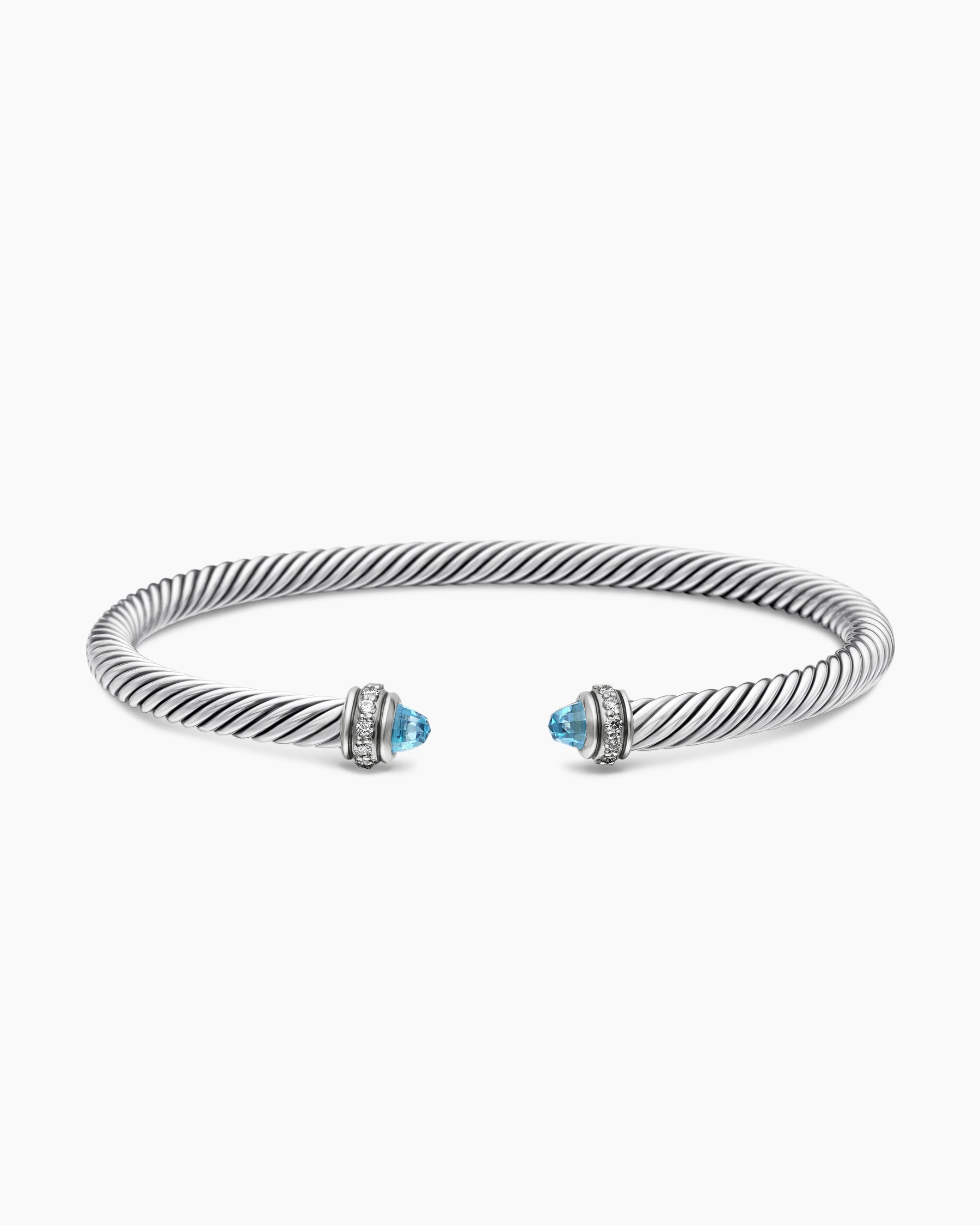 Classic Cable Bracelet in Sterling Silver with Blue Topaz and Diamonds, 4mm - Image 4