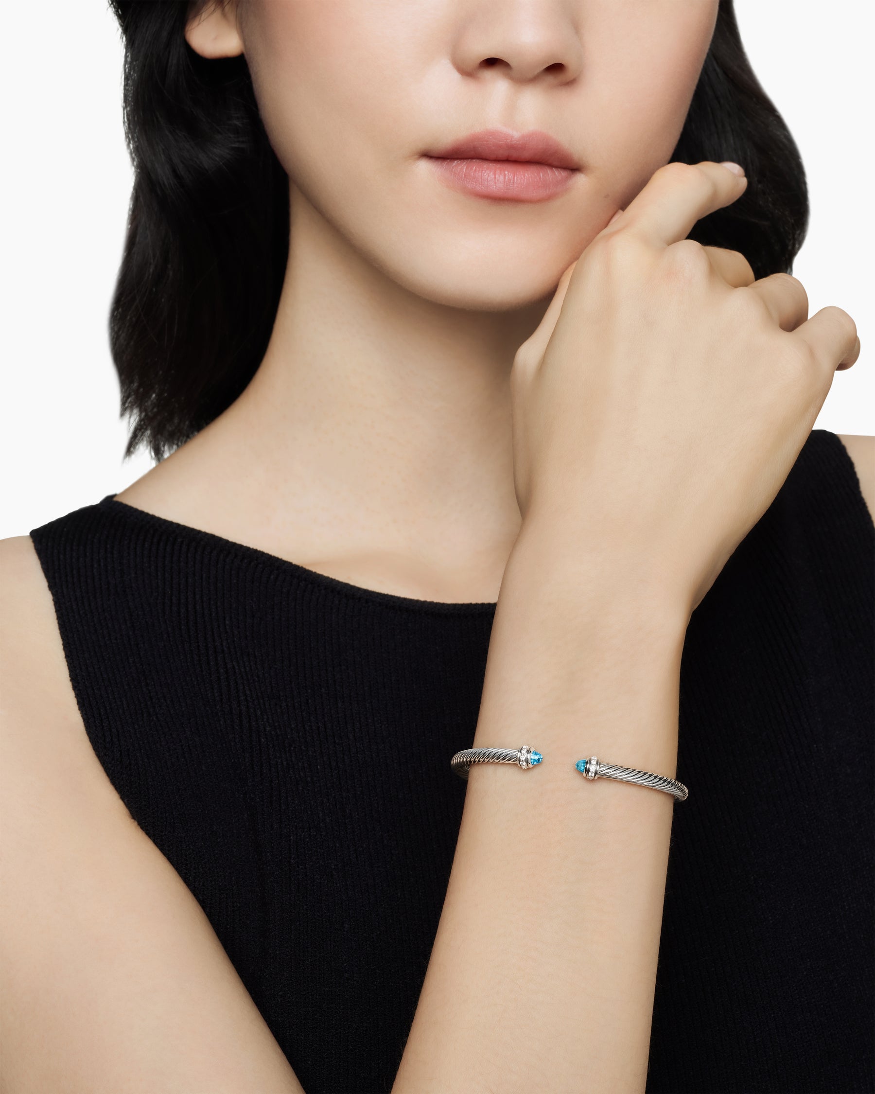 Classic Cable Bracelet in Sterling Silver with Blue Topaz and Diamonds, 4mm - Image 7