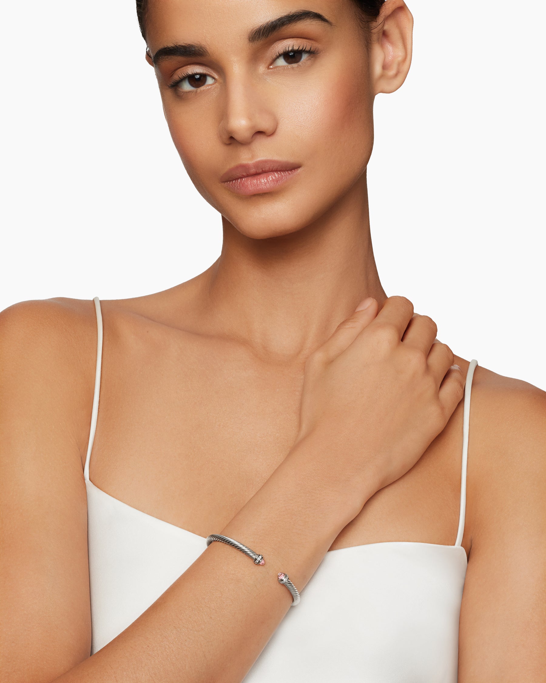 Alternative view of Classic Cable Bracelet in Sterling Silver with Morganite and Diamonds, 4mm
