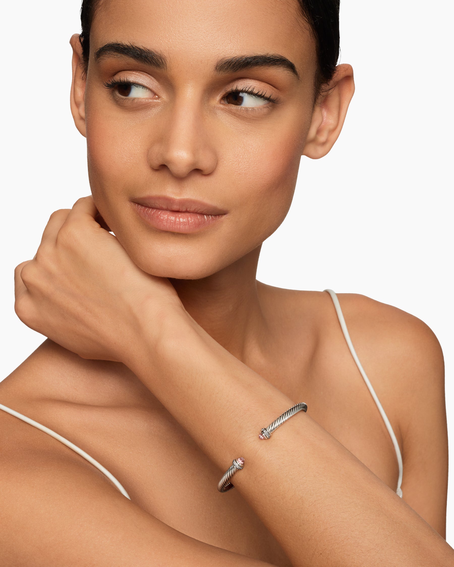 Classic Cable Bracelet in Sterling Silver with Morganite and Diamonds, 4mm - Image 7