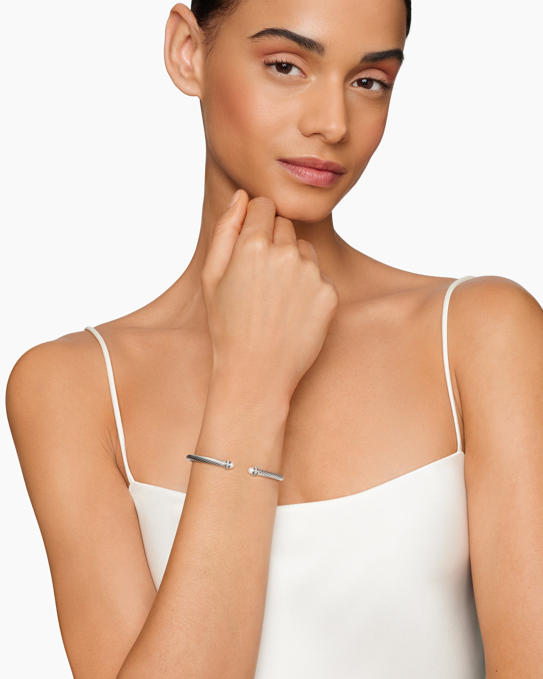 Alternative view of Classic Cable Bracelet in Sterling Silver with Pearls and Diamonds, 4mm