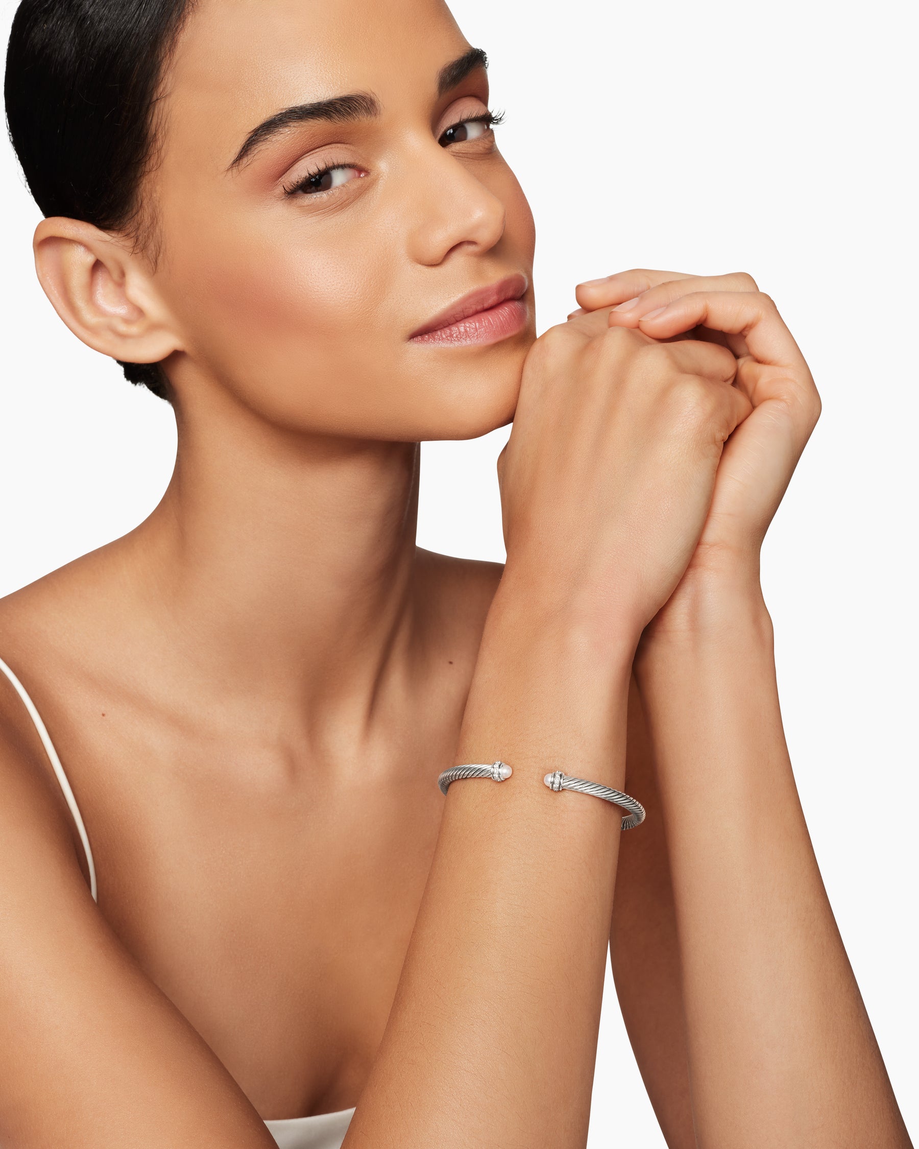 Classic Cable Bracelet in Sterling Silver with Pearls and Diamonds, 4mm - Image 7