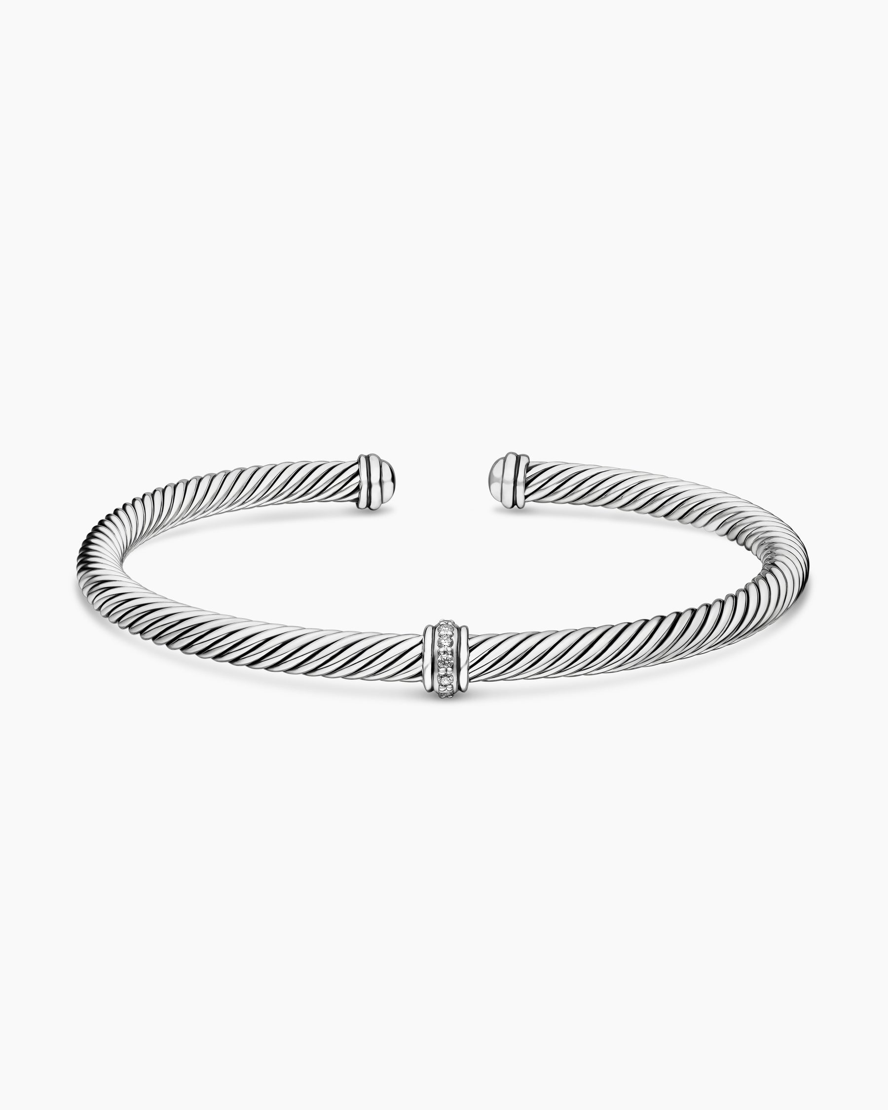 Classic Cable Station Bracelet in Sterling Silver with Diamonds, 4mm - Image 4