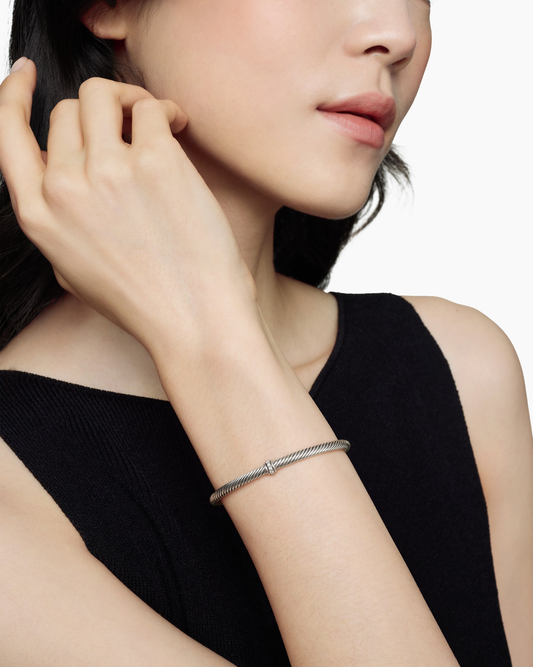 Classic Cable Station Bracelet in Sterling Silver with Diamonds, 4mm - Image 6