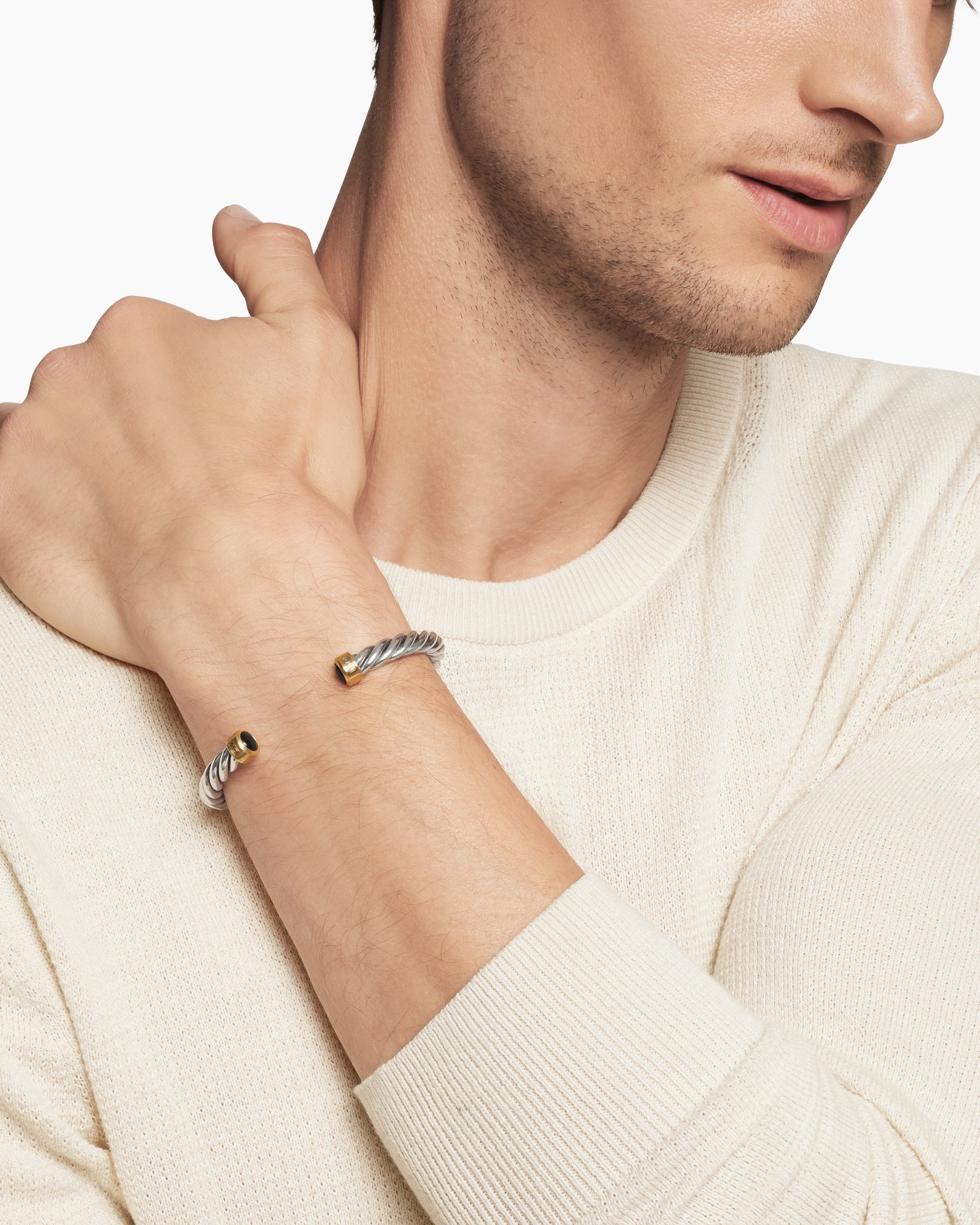 Cable Cuff Bracelet in Sterling Silver with 18K Yellow Gold and Black Onyx, 6mm - Image 7