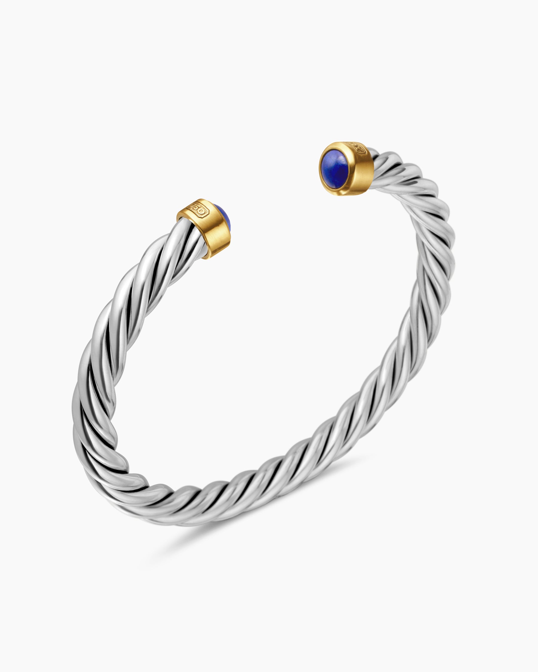 Cable Cuff Bracelet in Sterling Silver with 18K Yellow Gold and Lapis, 6mm - Image 3