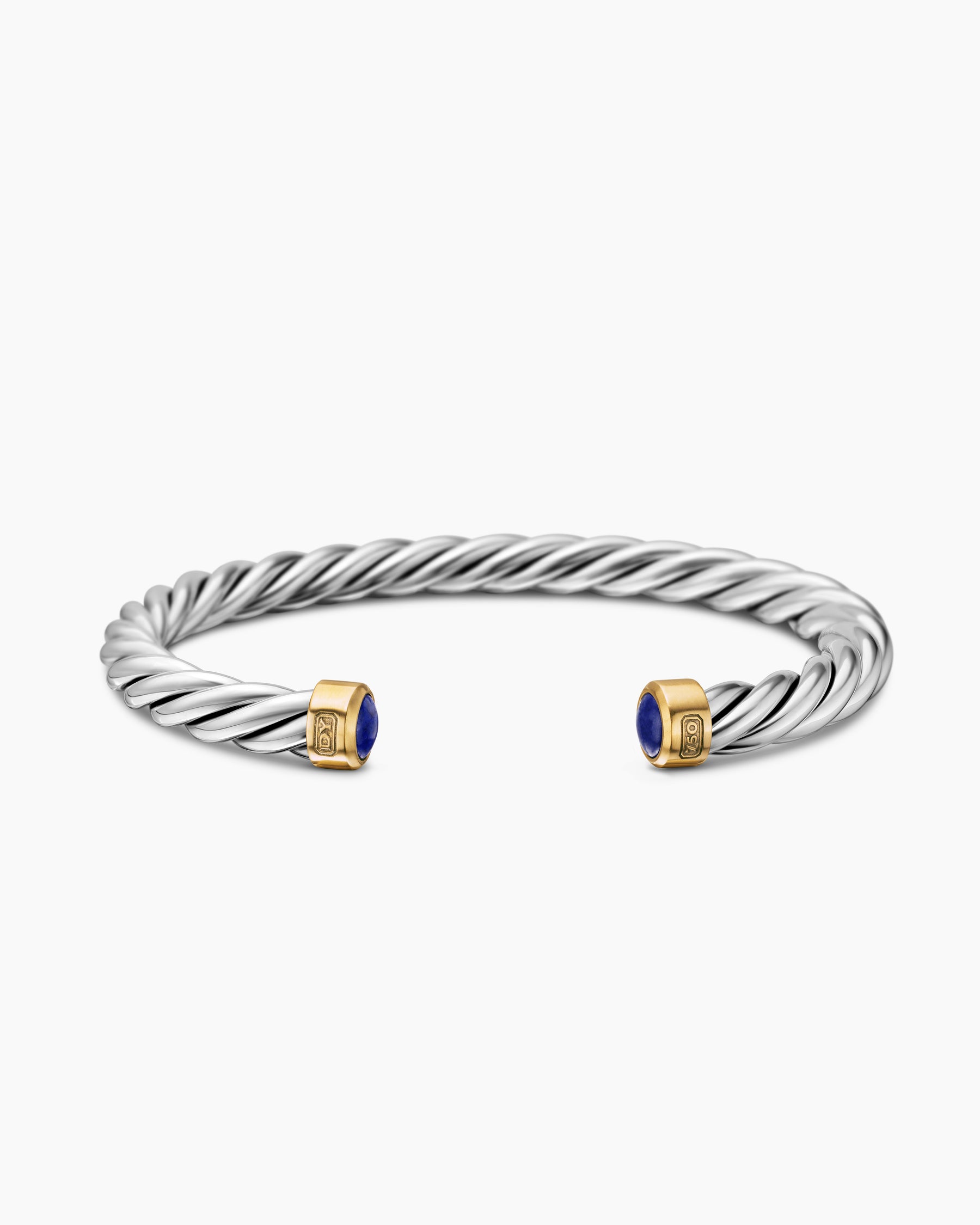 Cable Cuff Bracelet in Sterling Silver with 18K Yellow Gold and Lapis, 6mm - Image 4