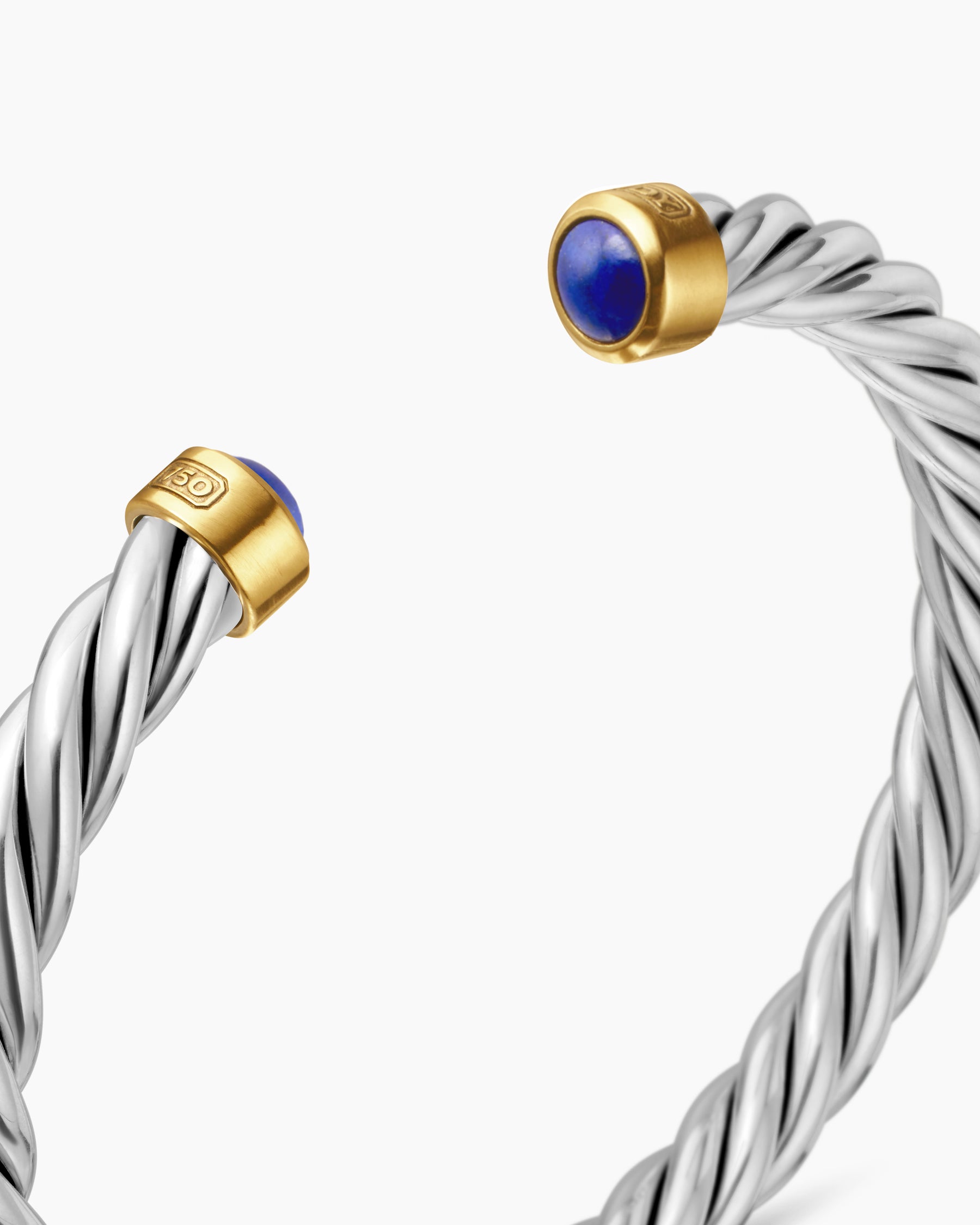 Cable Cuff Bracelet in Sterling Silver with 18K Yellow Gold and Lapis, 6mm - Image 5