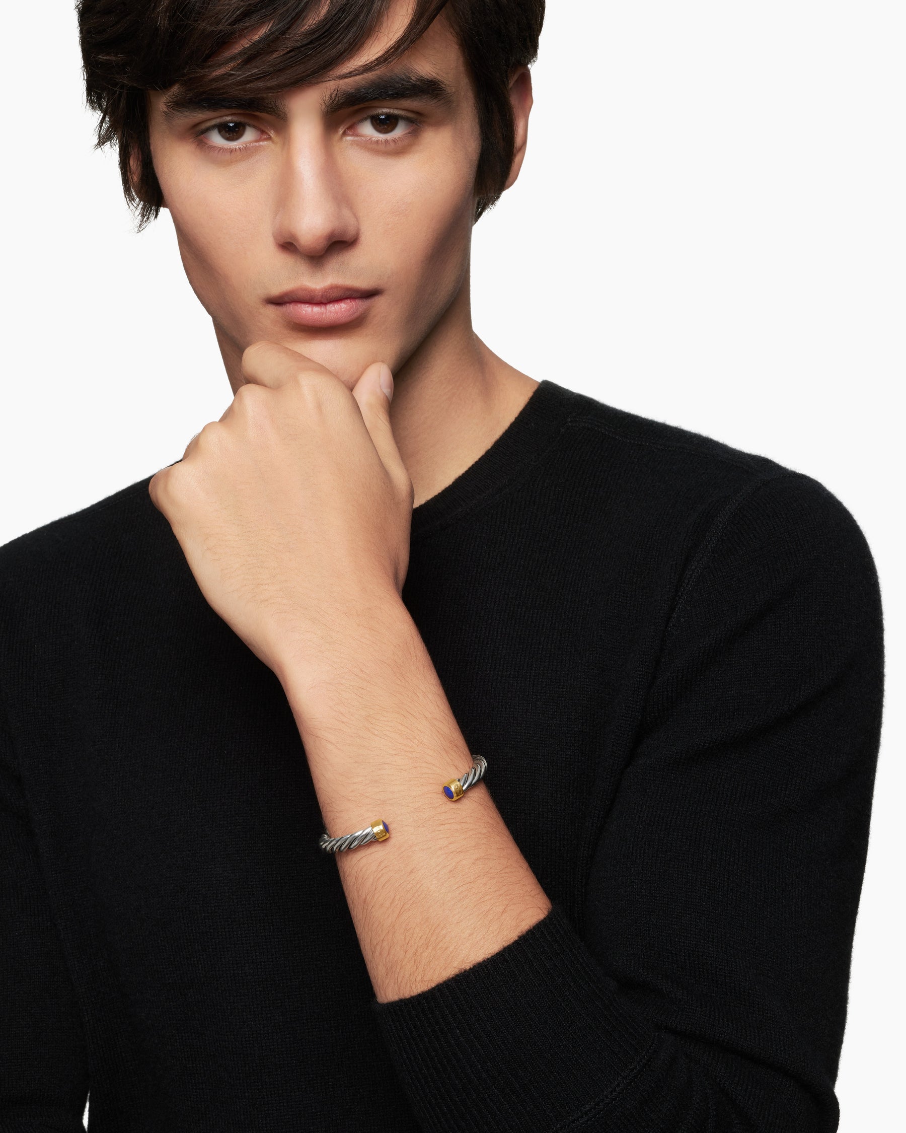 Alternative view of Cable Cuff Bracelet in Sterling Silver with 18K Yellow Gold and Lapis, 6mm
