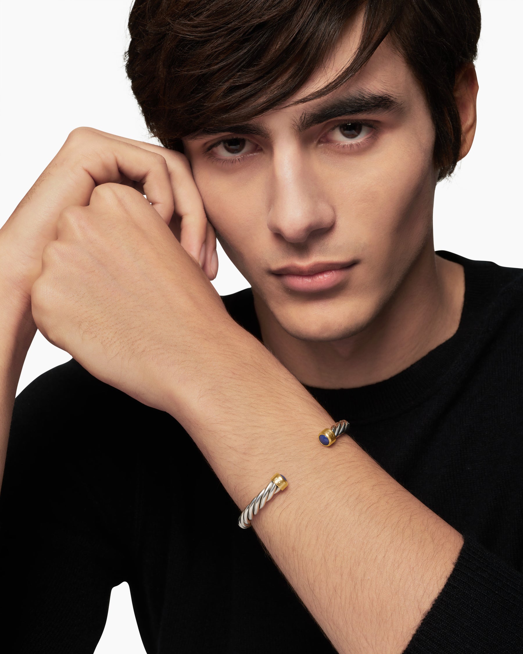 Cable Cuff Bracelet in Sterling Silver with 18K Yellow Gold and Lapis, 6mm - Image 7