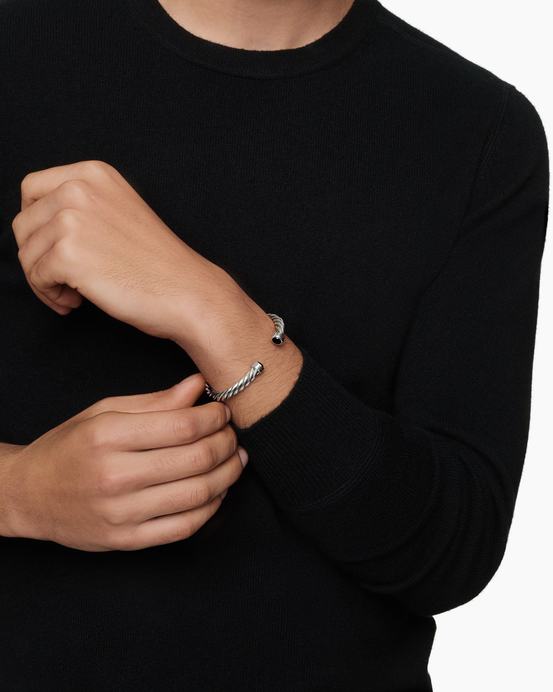 Alternative view of Cable Cuff Bracelet in Sterling Silver with Black Onyx, 6mm