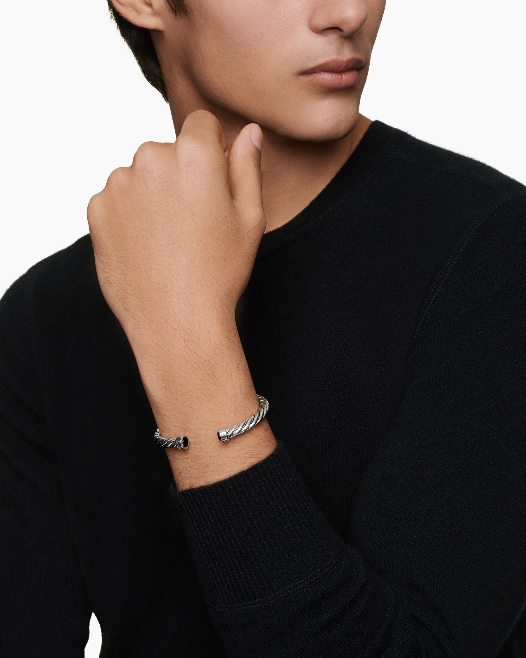Cable Cuff Bracelet in Sterling Silver with Black Onyx, 6mm - Image 7