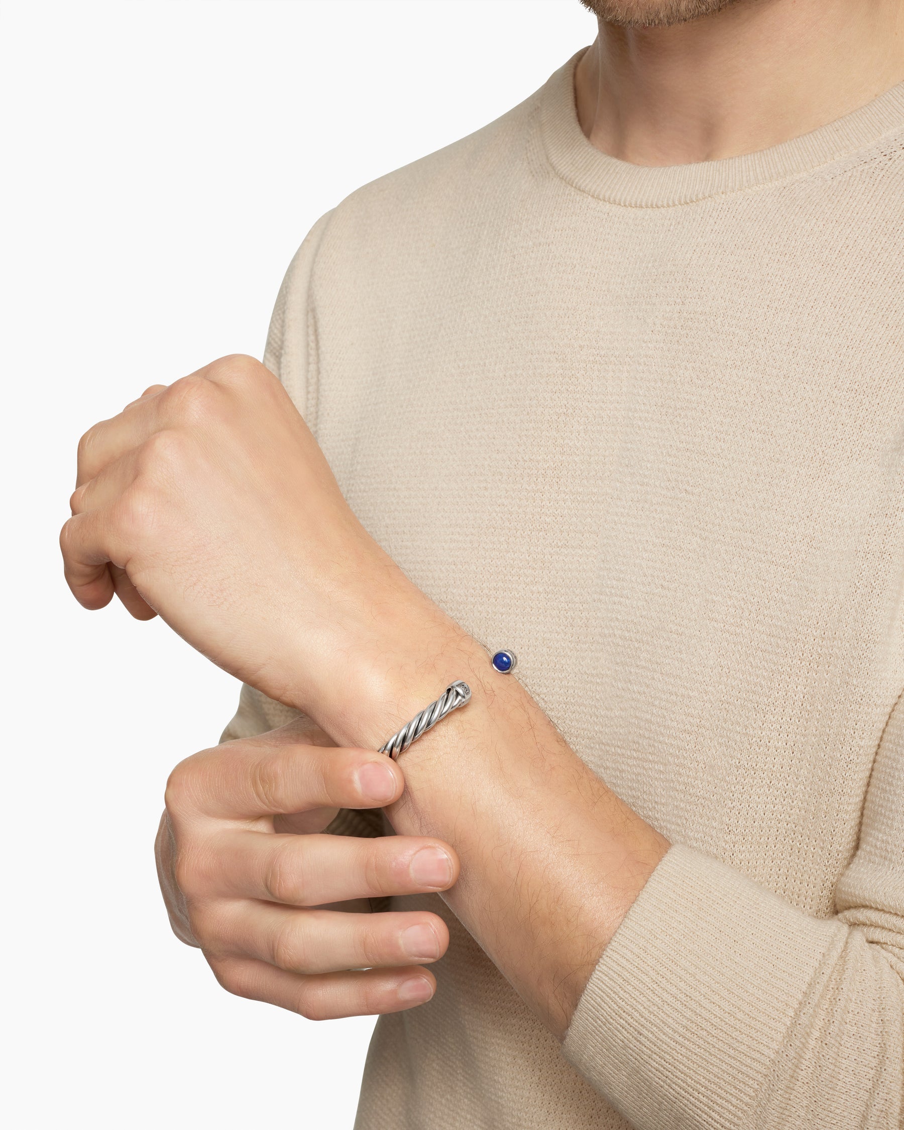 Cable Cuff Bracelet in Sterling Silver with Lapis, 6mm - Image 7