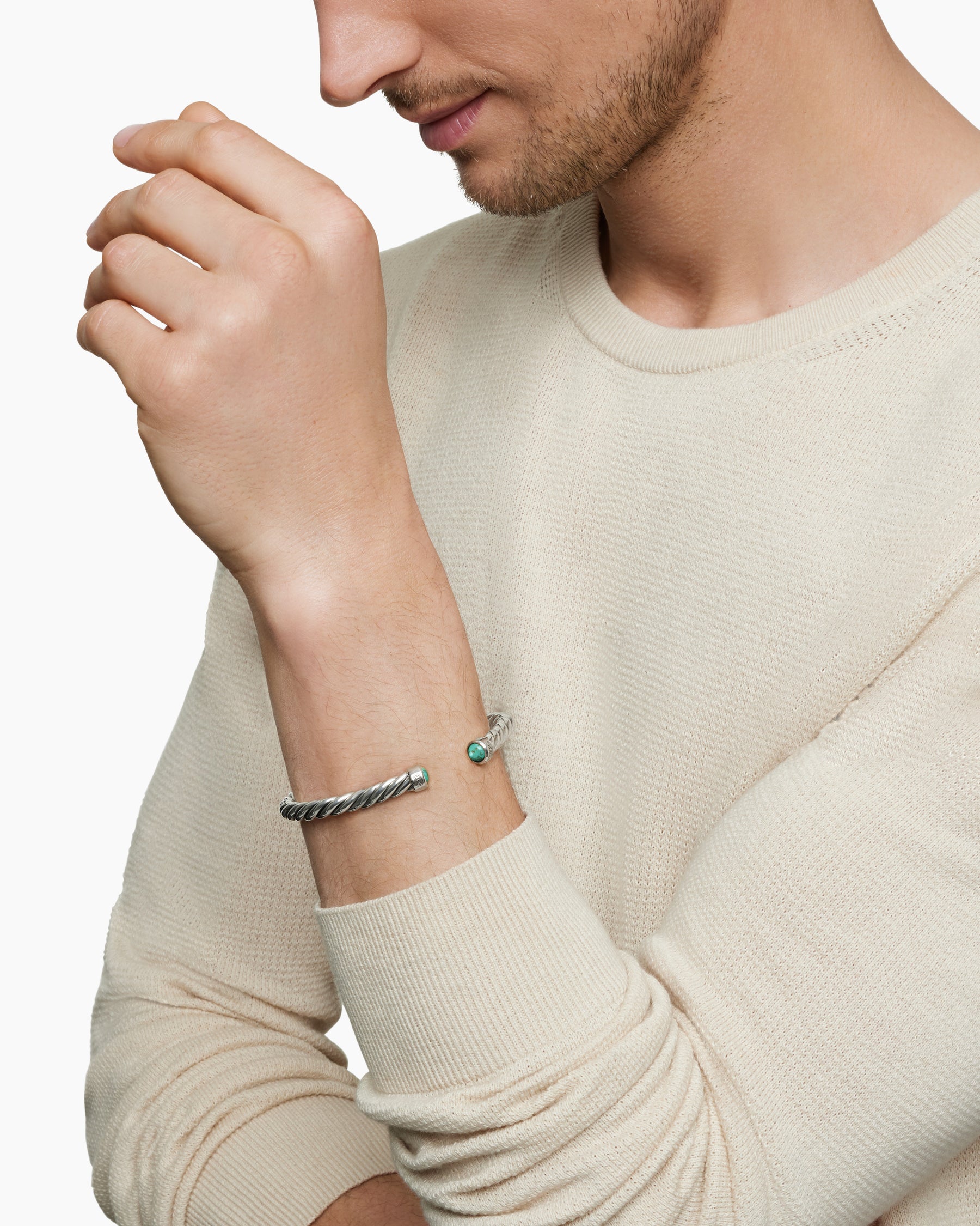 Alternative view of Cable Cuff Bracelet in Sterling Silver with Turquoise, 6mm