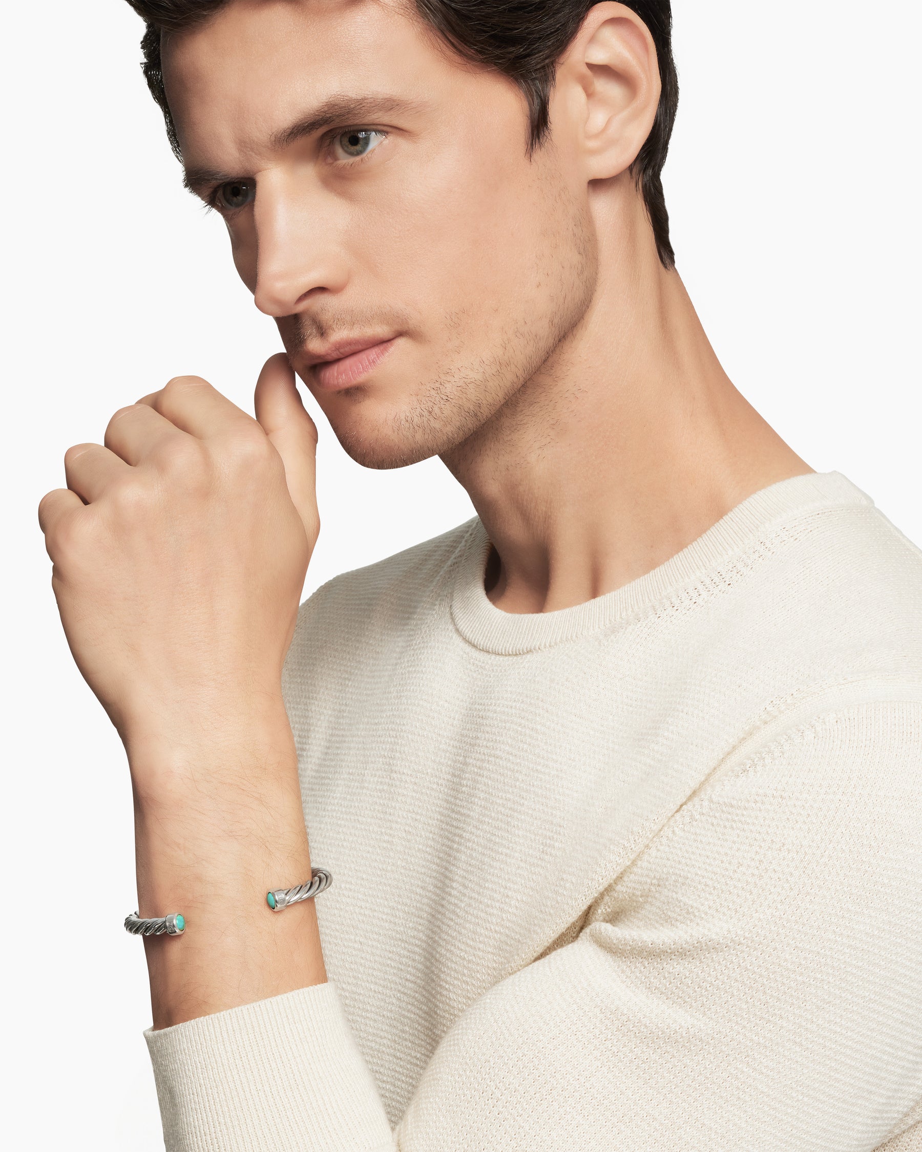 Cable Cuff Bracelet in Sterling Silver with Turquoise, 6mm - Image 7