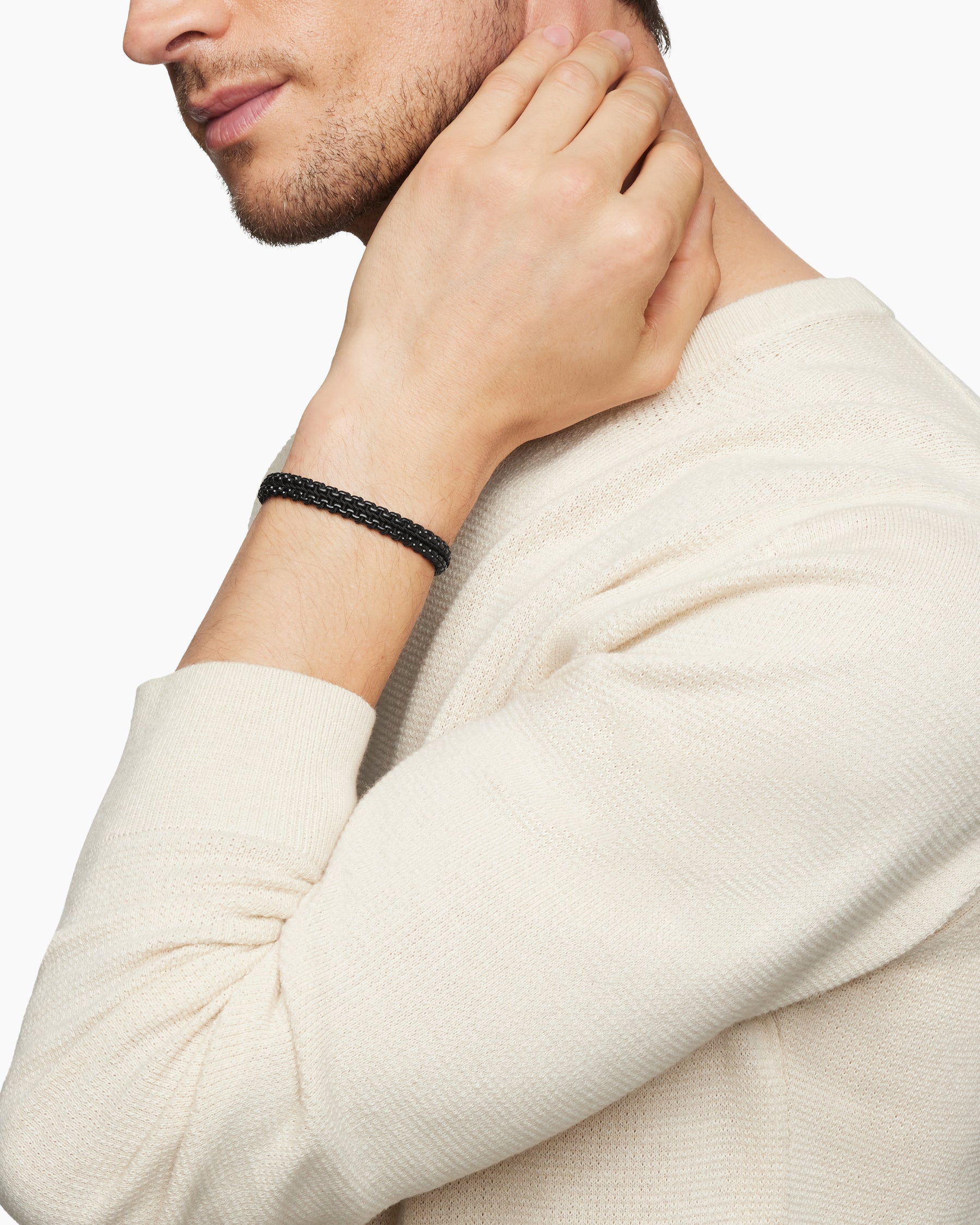 Alternative view of Woven Box Chain Bracelet in Sterling Silver with Black Stainless Steel and Black Nylon, 10mm