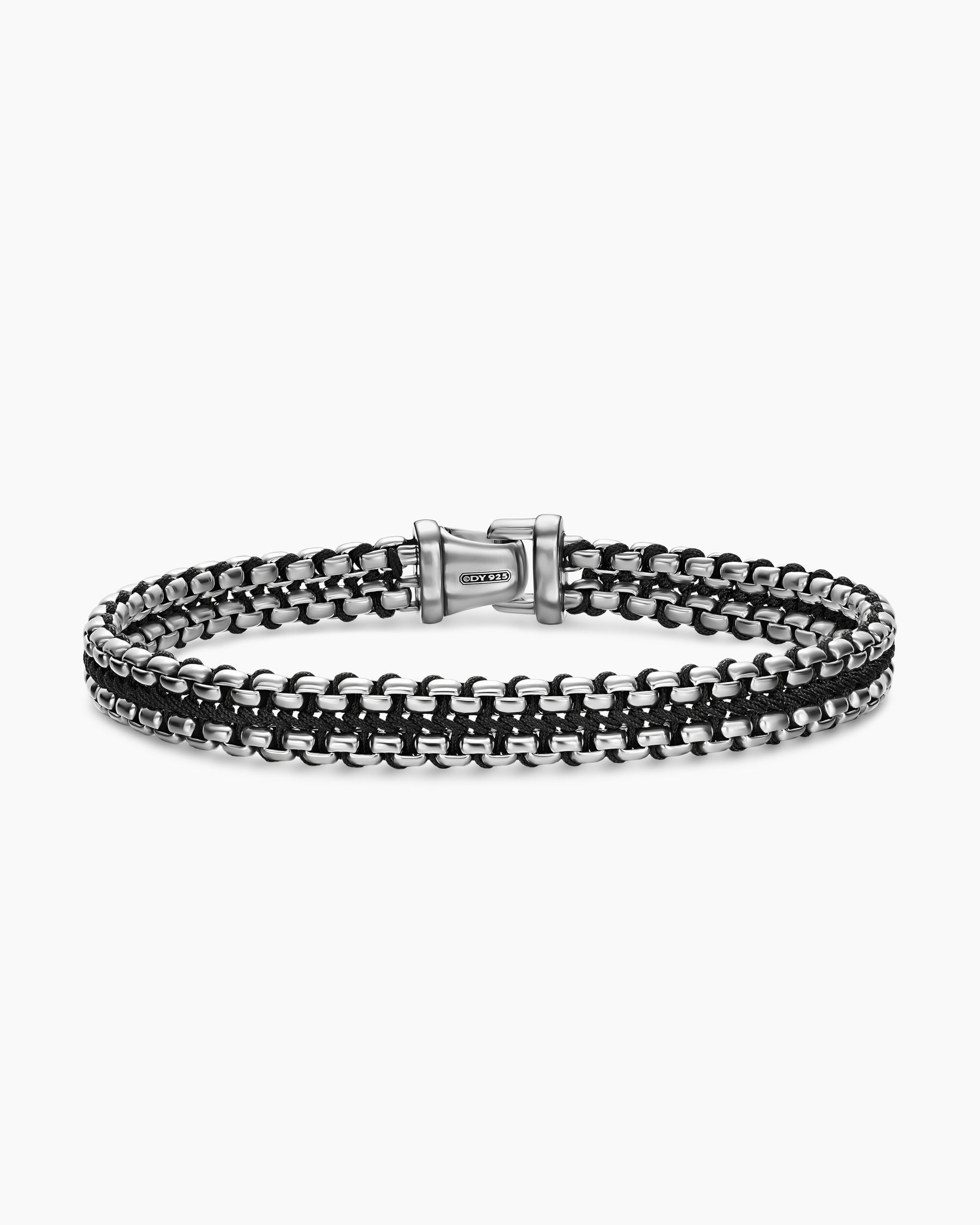 Woven Box Chain Bracelet in Sterling Silver with Black Nylon, 10mm