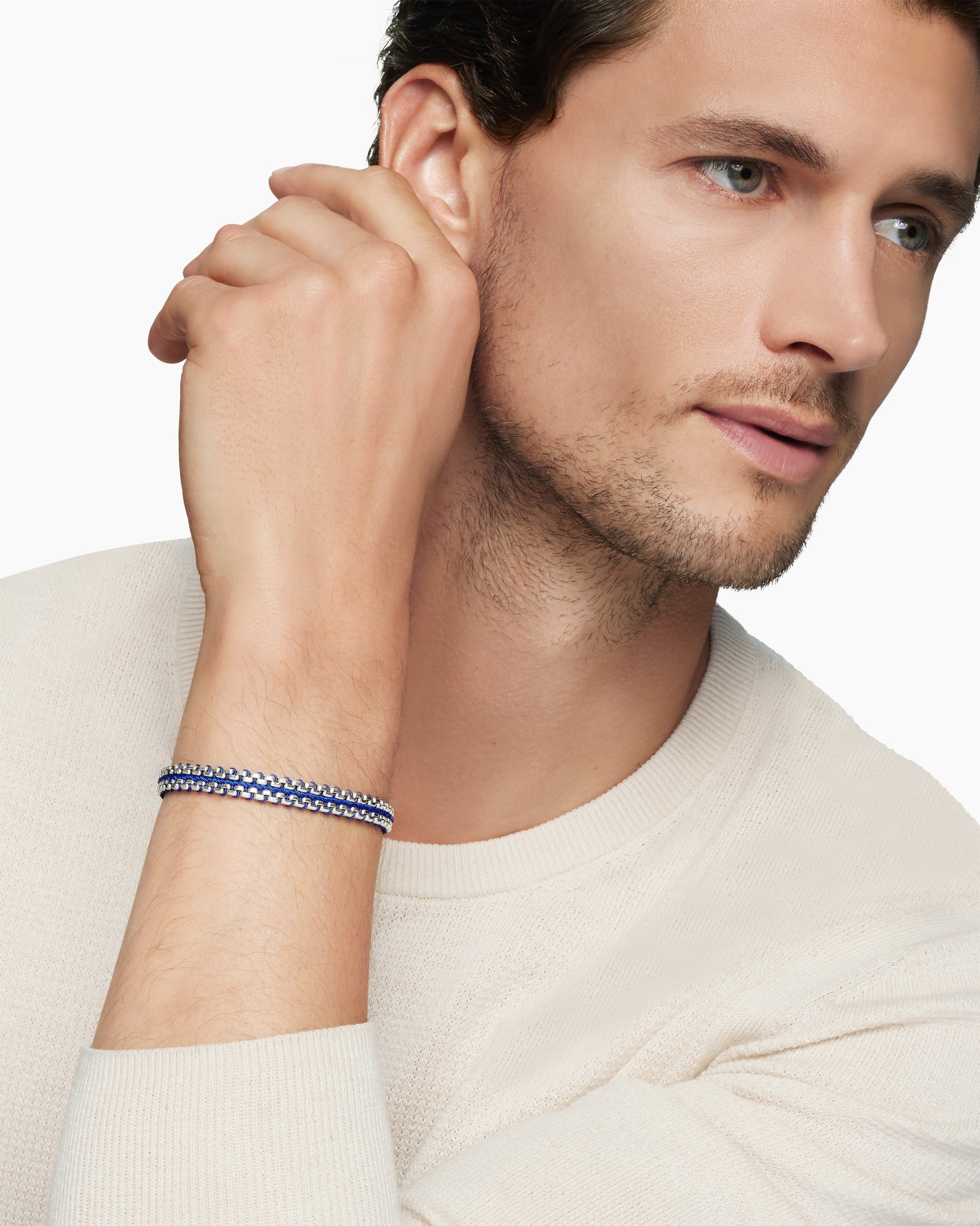 Alternative view of Woven Box Chain Bracelet in Sterling Silver with Blue Nylon, 10mm
