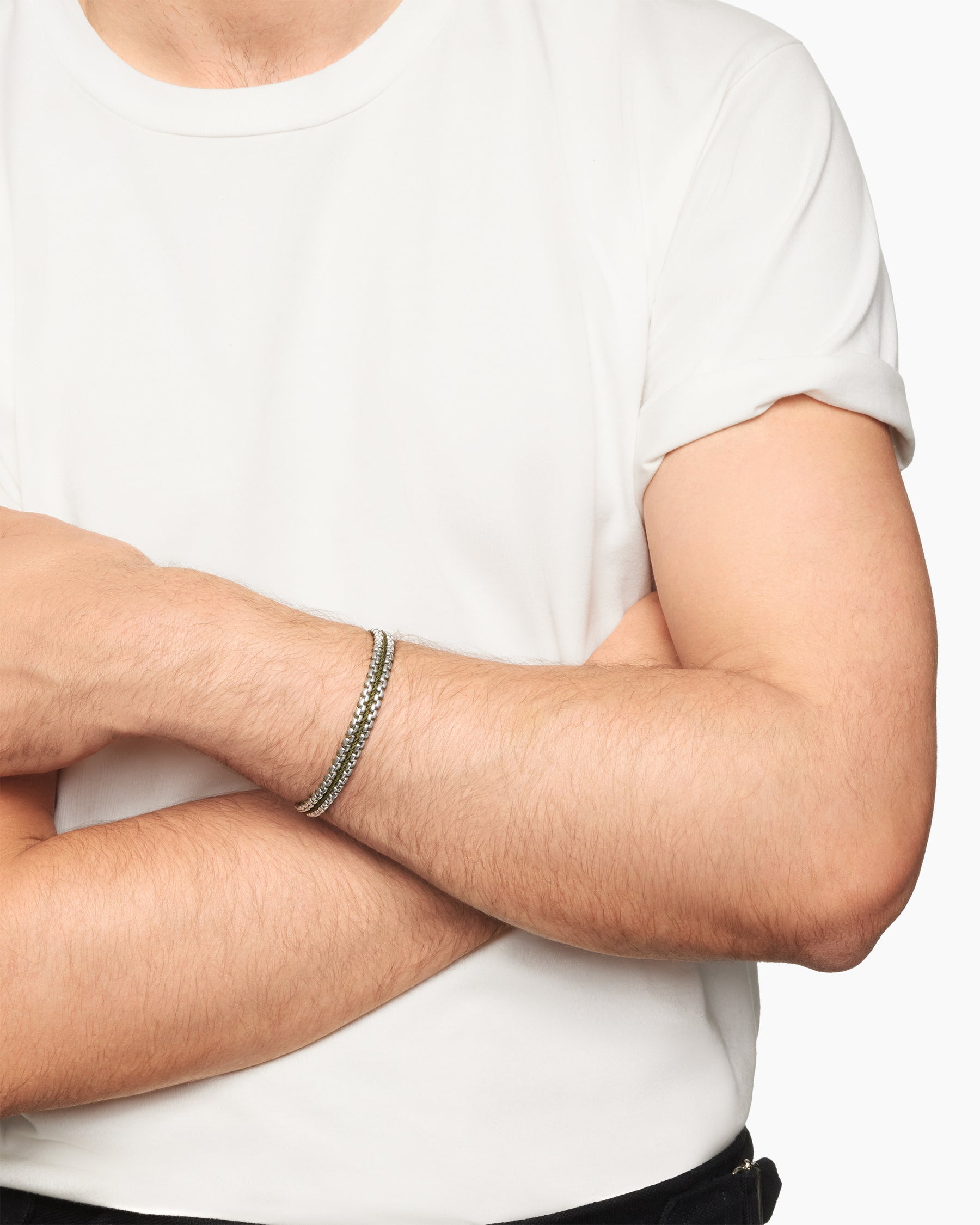 Alternative view of Woven Box Chain Bracelet in Sterling Silver with Green Nylon, 10mm