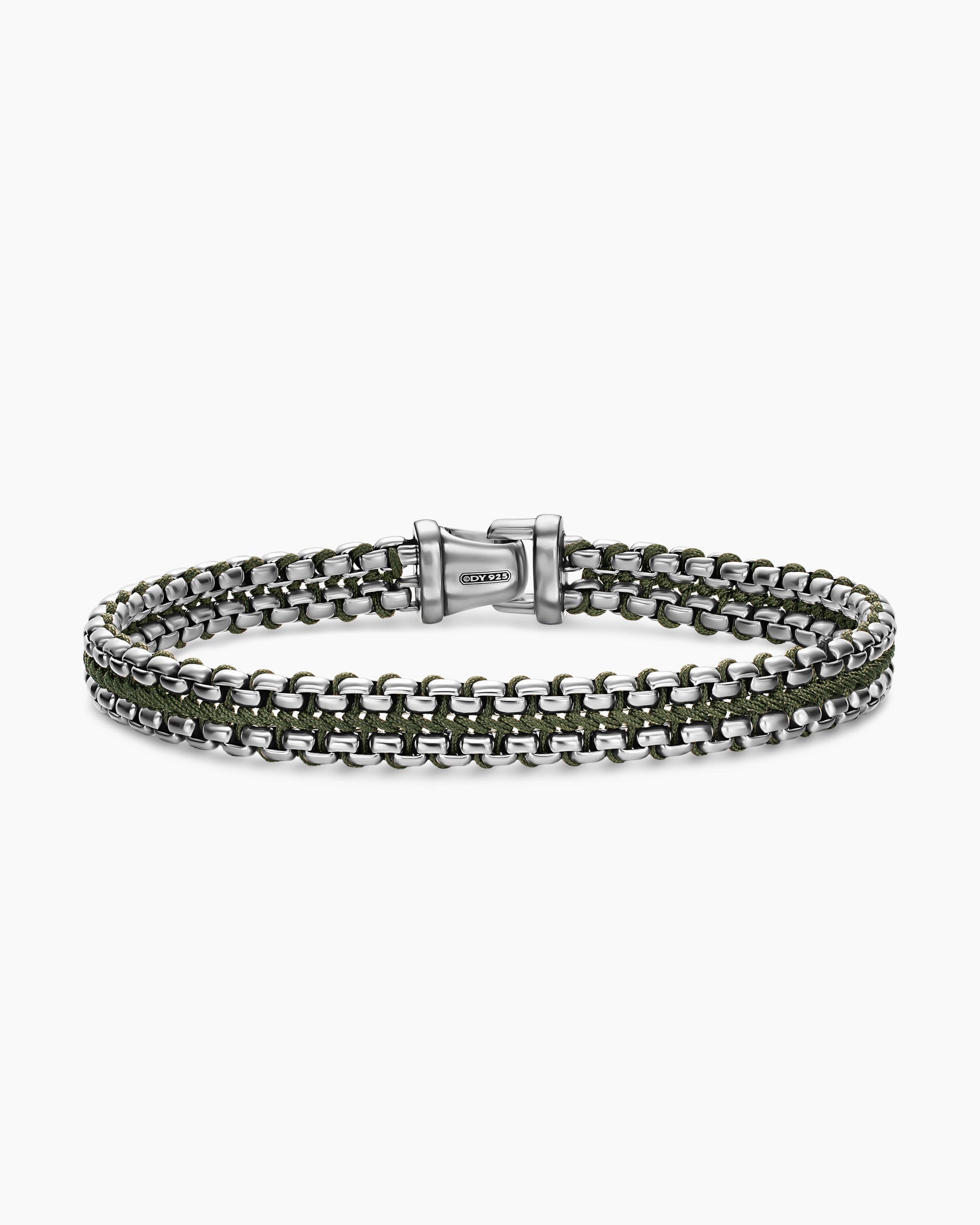 Woven Box Chain Bracelet in Sterling Silver with Green Nylon, 10mm