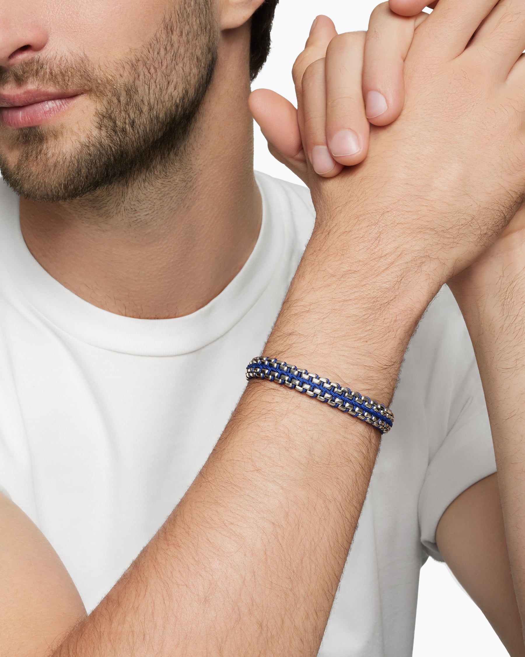 Woven Box Chain Bracelet in Sterling Silver with Blue Nylon, 12mm - Image 8