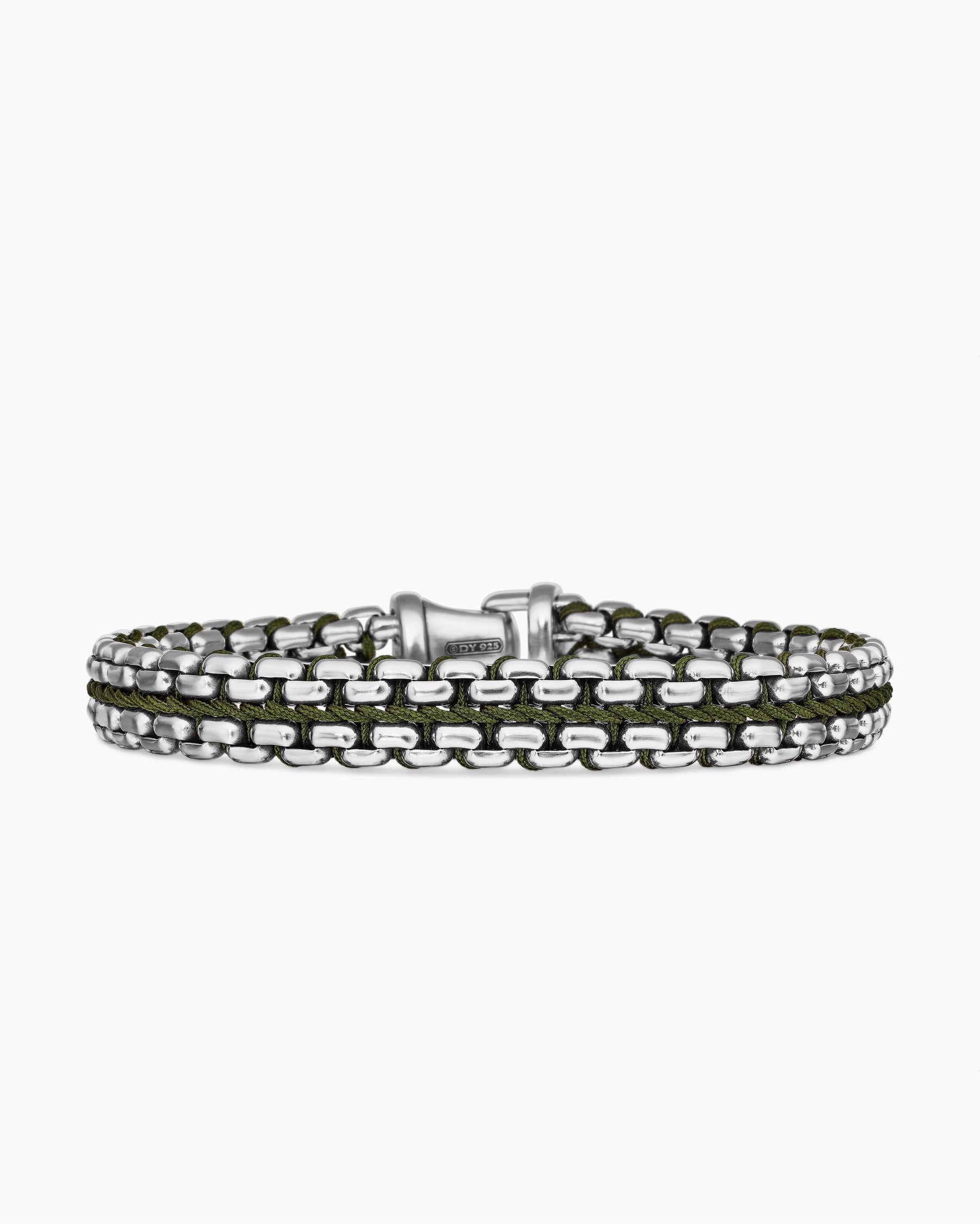 Woven Box Chain Bracelet in Sterling Silver with Green Nylon, 12mm