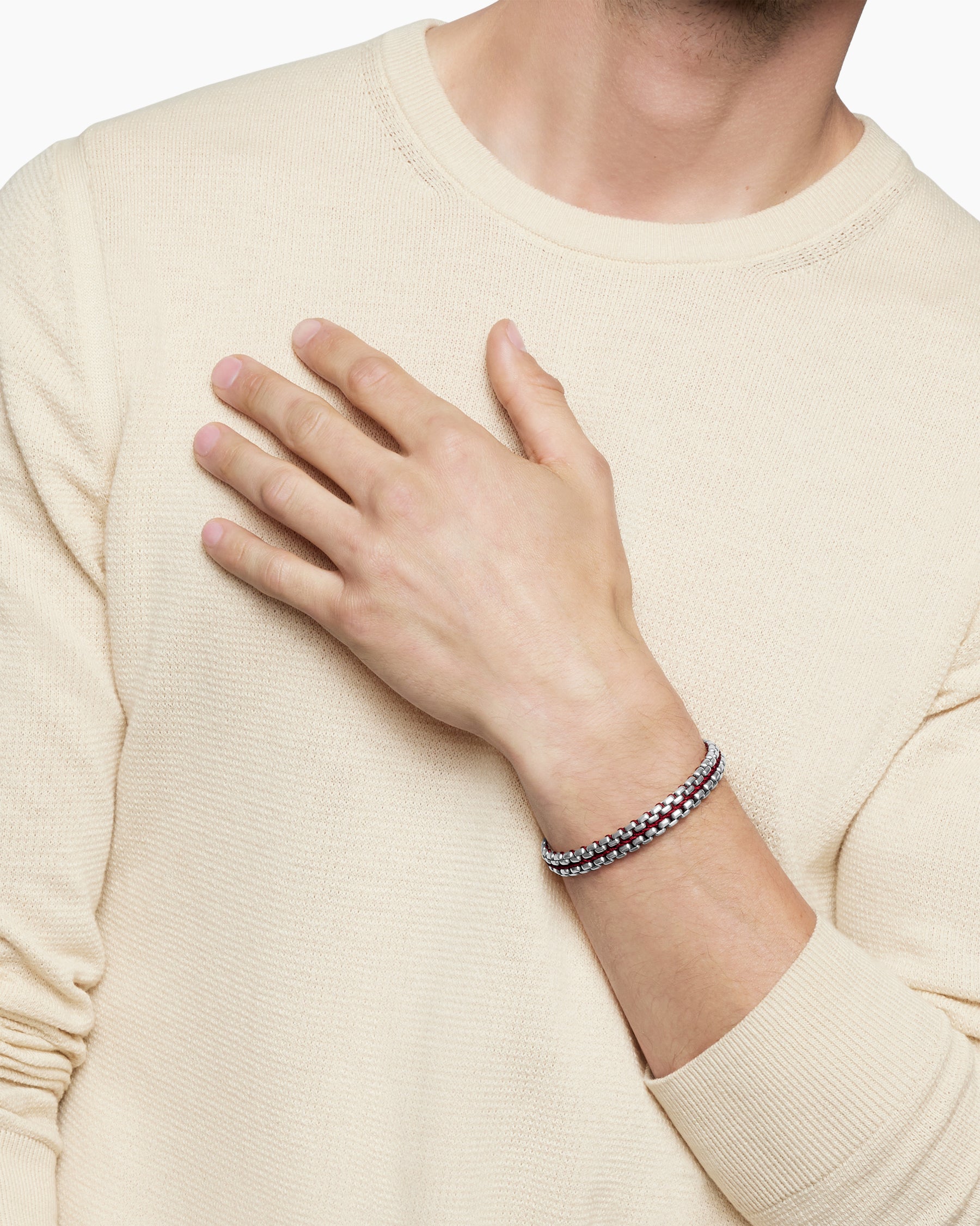 Alternative view of Woven Box Chain Bracelet in Sterling Silver with Red Nylon, 12mm