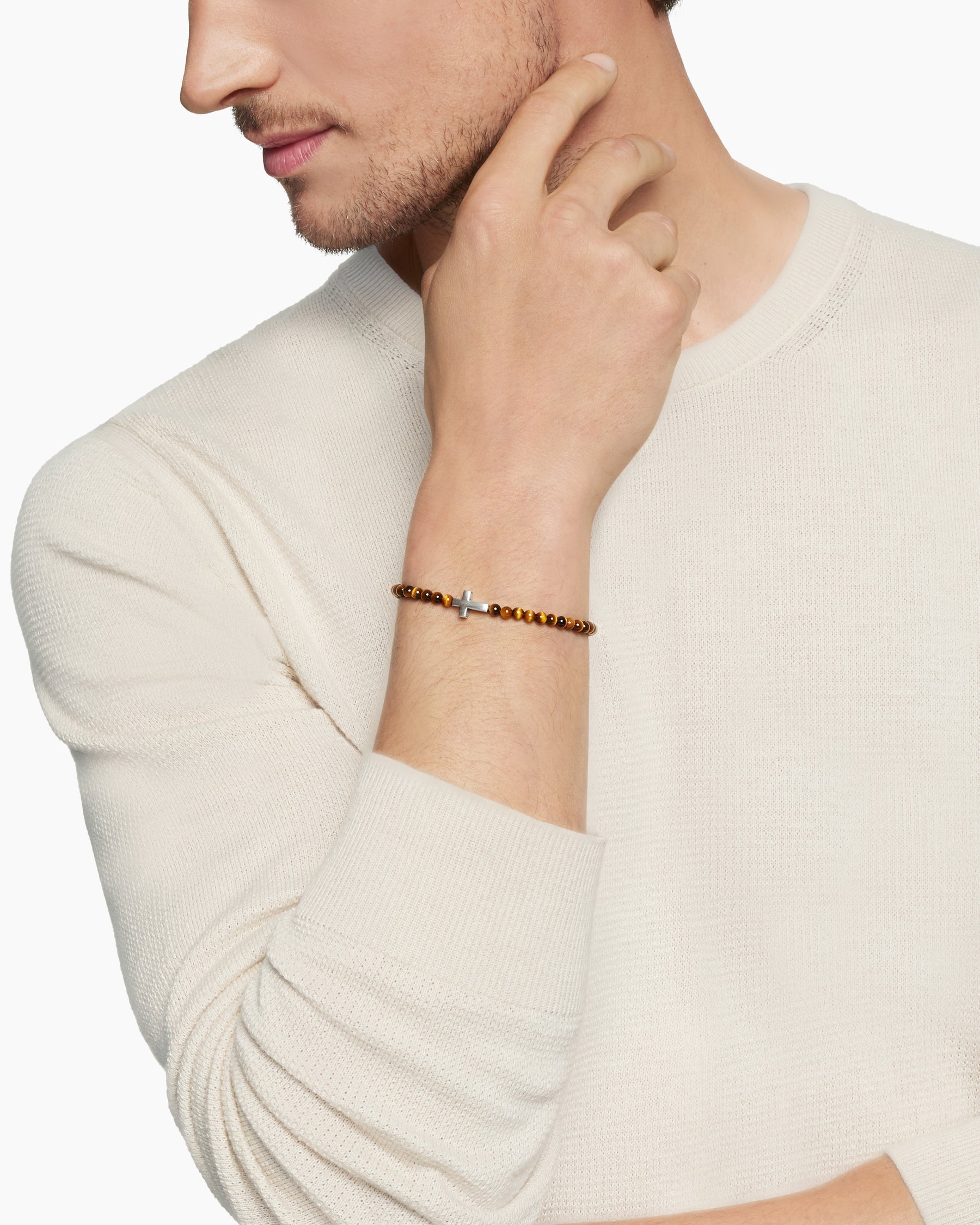 Alternative view of Spiritual Beads Cross Station Bracelet in Sterling Silver with Tiger's Eye, 4mm