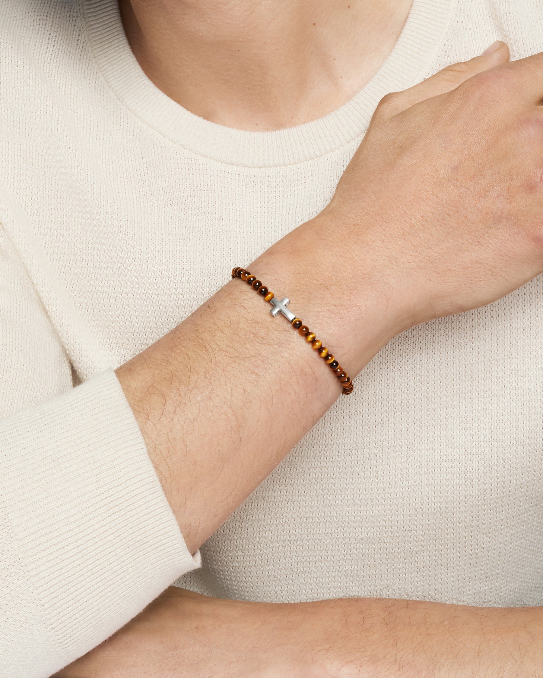 Spiritual Beads Cross Station Bracelet in Sterling Silver with Tiger's Eye, 4mm - Image 8