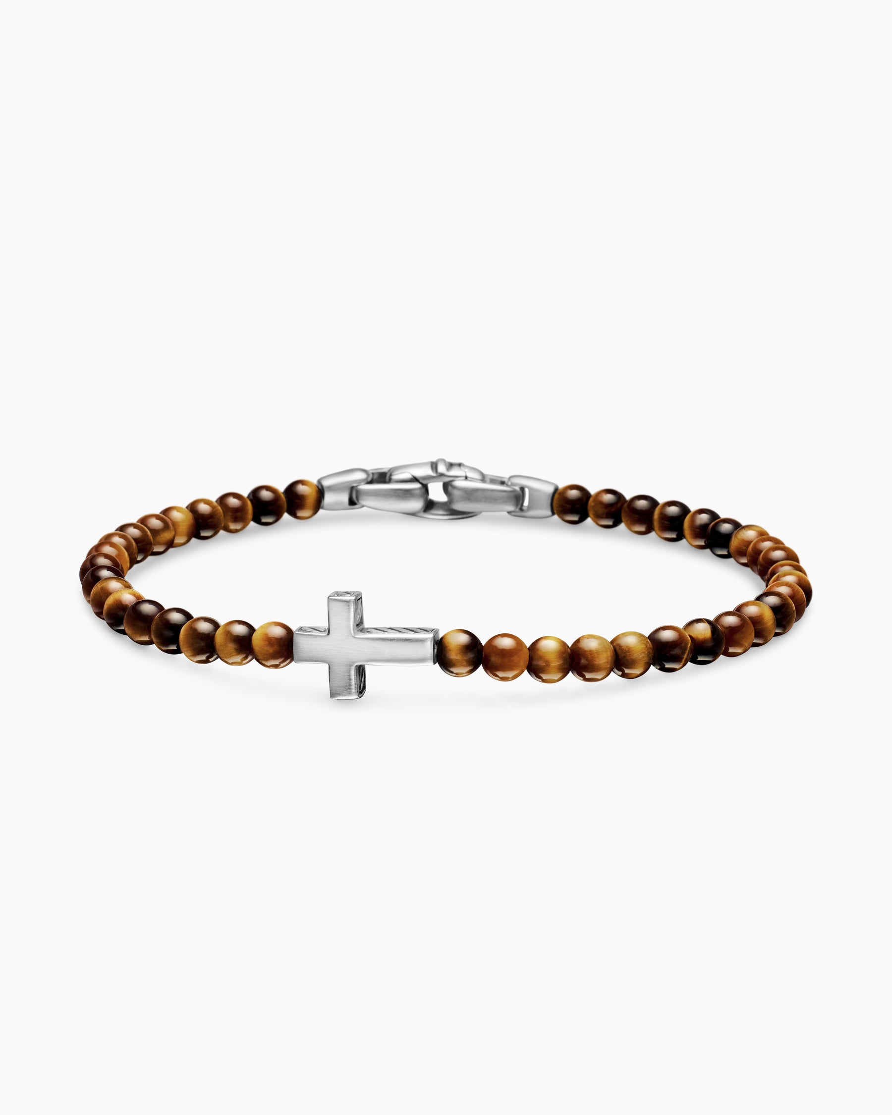 Spiritual Beads Cross Station Bracelet in Sterling Silver with Tiger's Eye, 4mm