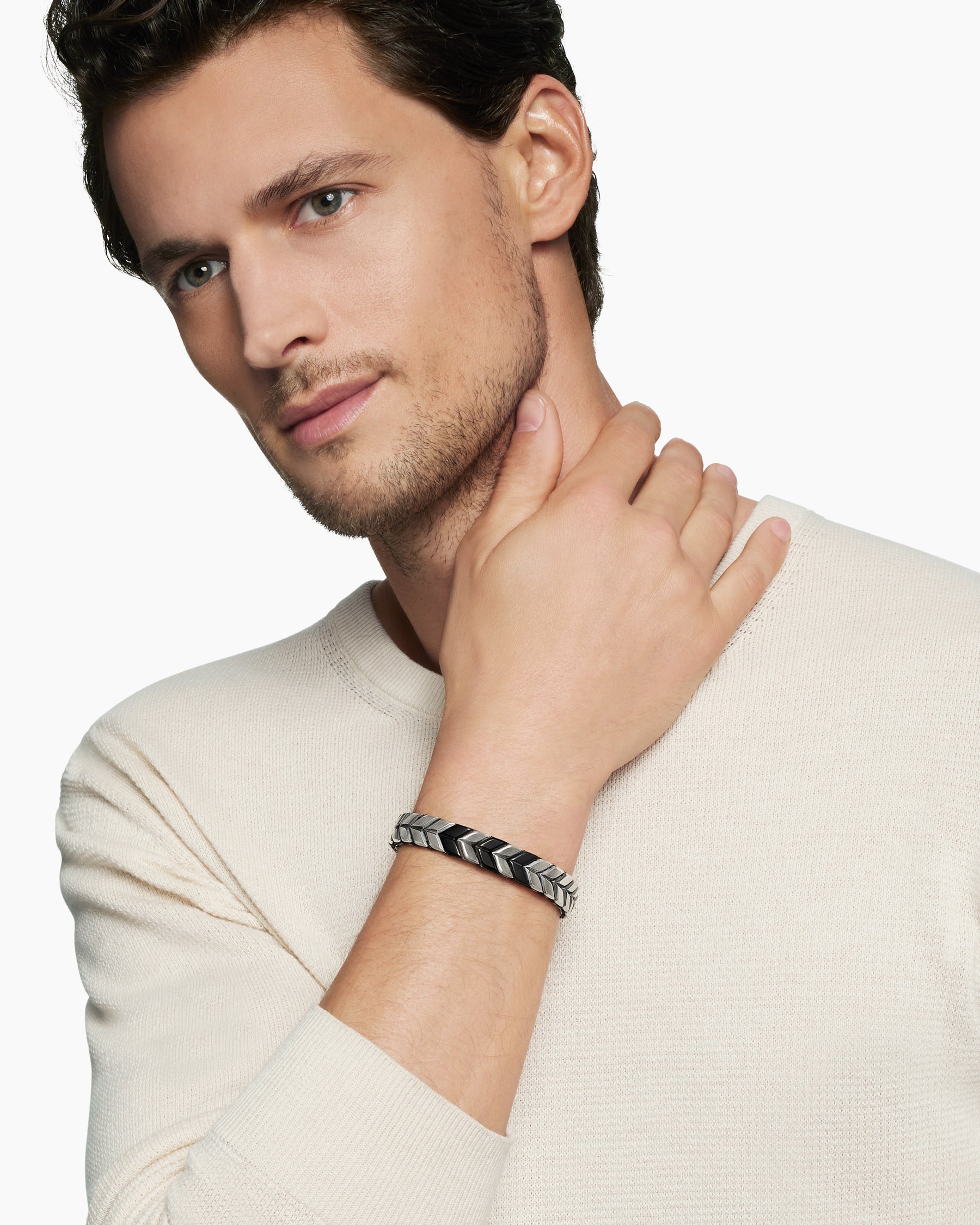 Alternative view of Chevron Woven Bracelet in Black Titanium with Sterling Silver and Black Nylon, 12mm