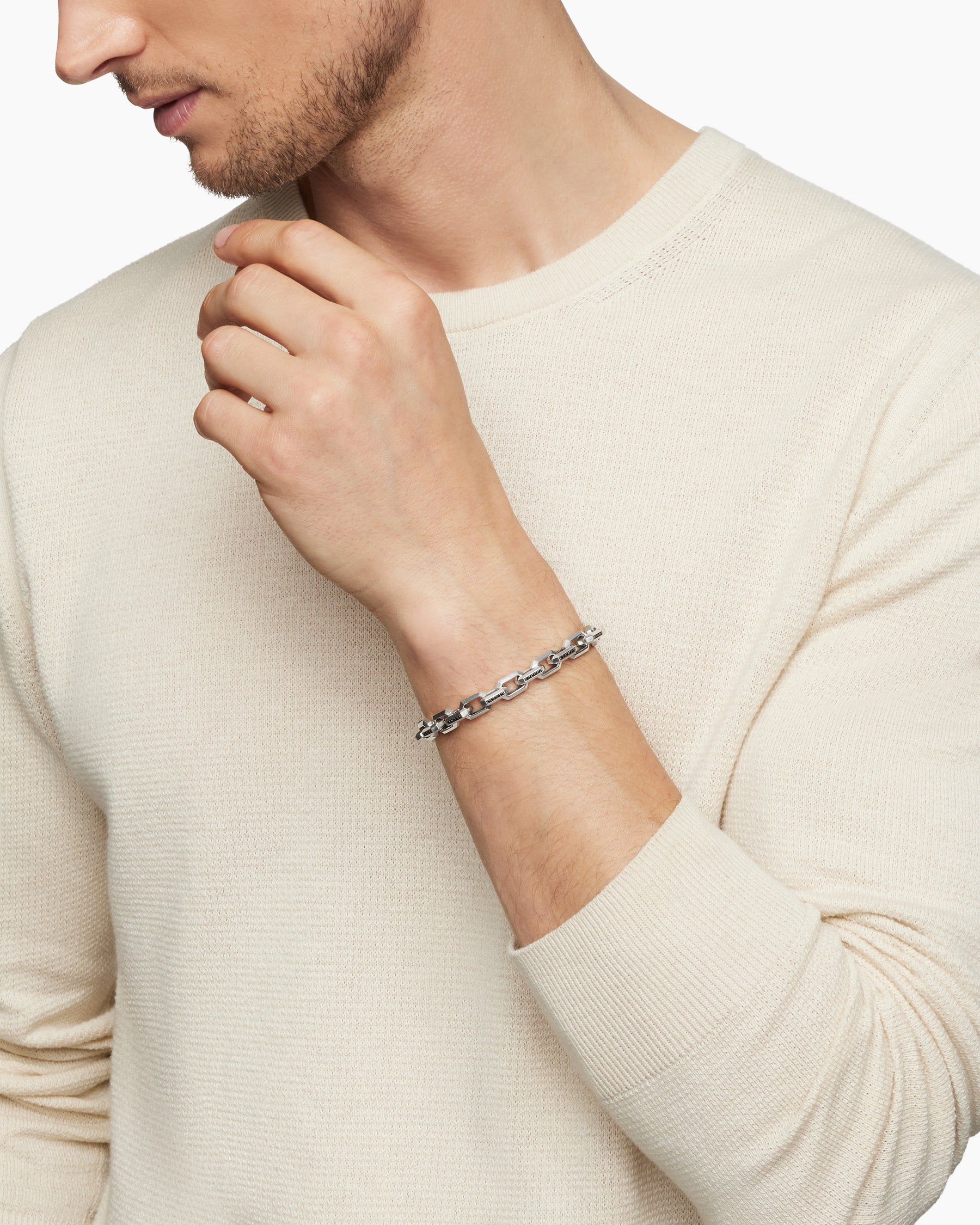 Alternative view of Streamline Heirloom Chain Link Bracelet in Sterling Silver with Pavé Black Diamonds, 7.5mm