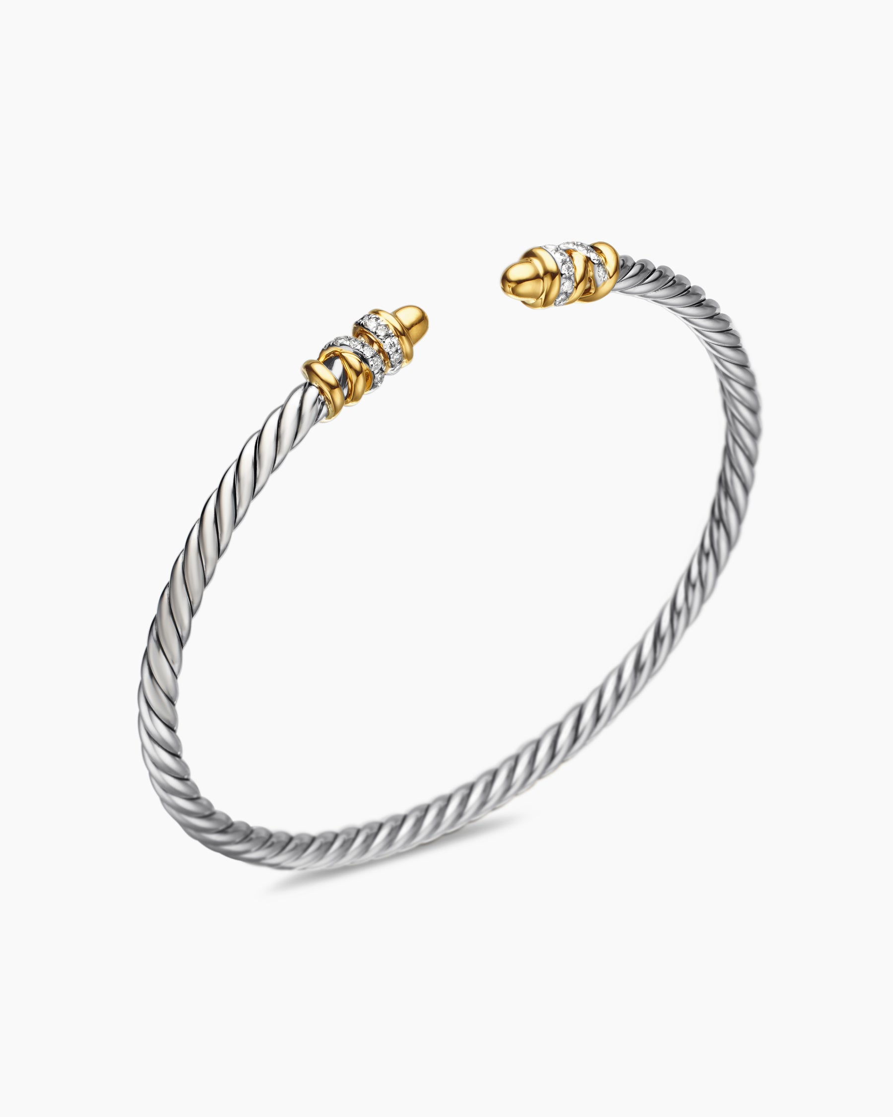 Petite Helena Classic Cable Bracelet in Sterling Silver with 18K Yellow Gold, Gold Domes and Diamonds, 3mm - Image 3