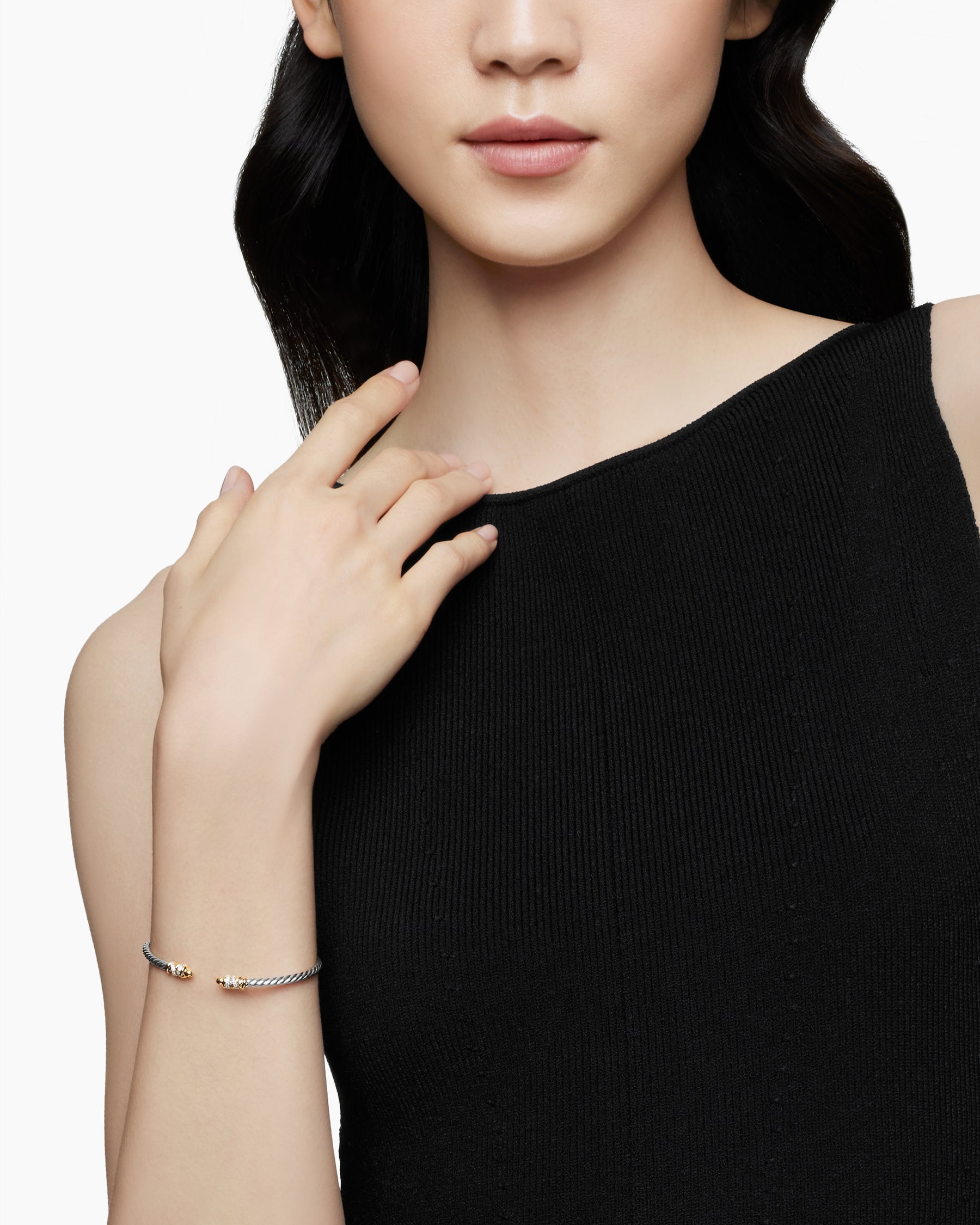Alternative view of Petite Helena Classic Cable Bracelet in Sterling Silver with 18K Yellow Gold, Gold Domes and Diamonds, 3mm