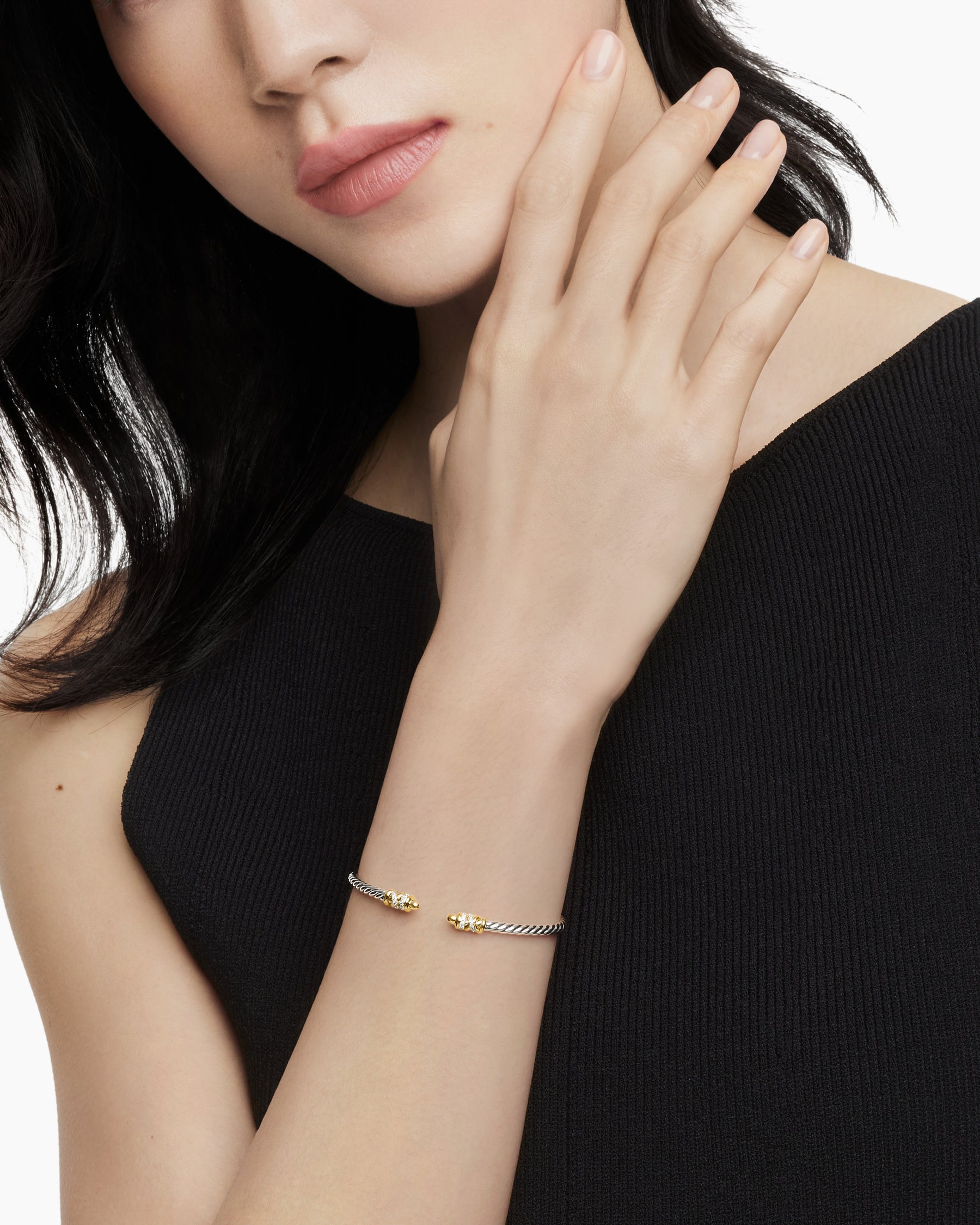 Petite Helena Classic Cable Bracelet in Sterling Silver with 18K Yellow Gold, Gold Domes and Diamonds, 3mm - Image 7