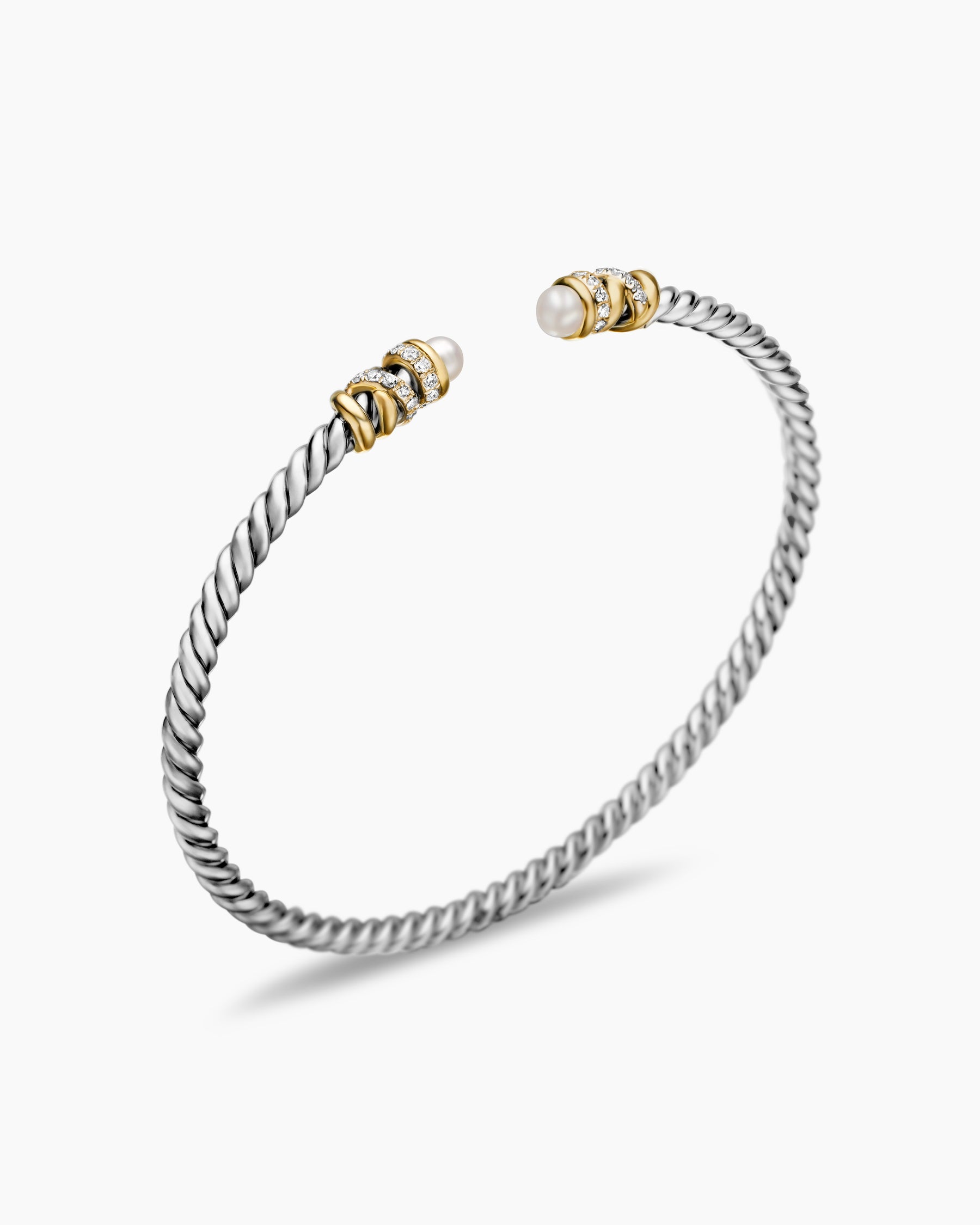 Petite Helena Classic Cable Bracelet in Sterling Silver with 18K Yellow Gold, Pearls and Diamonds, 3mm - Image 3