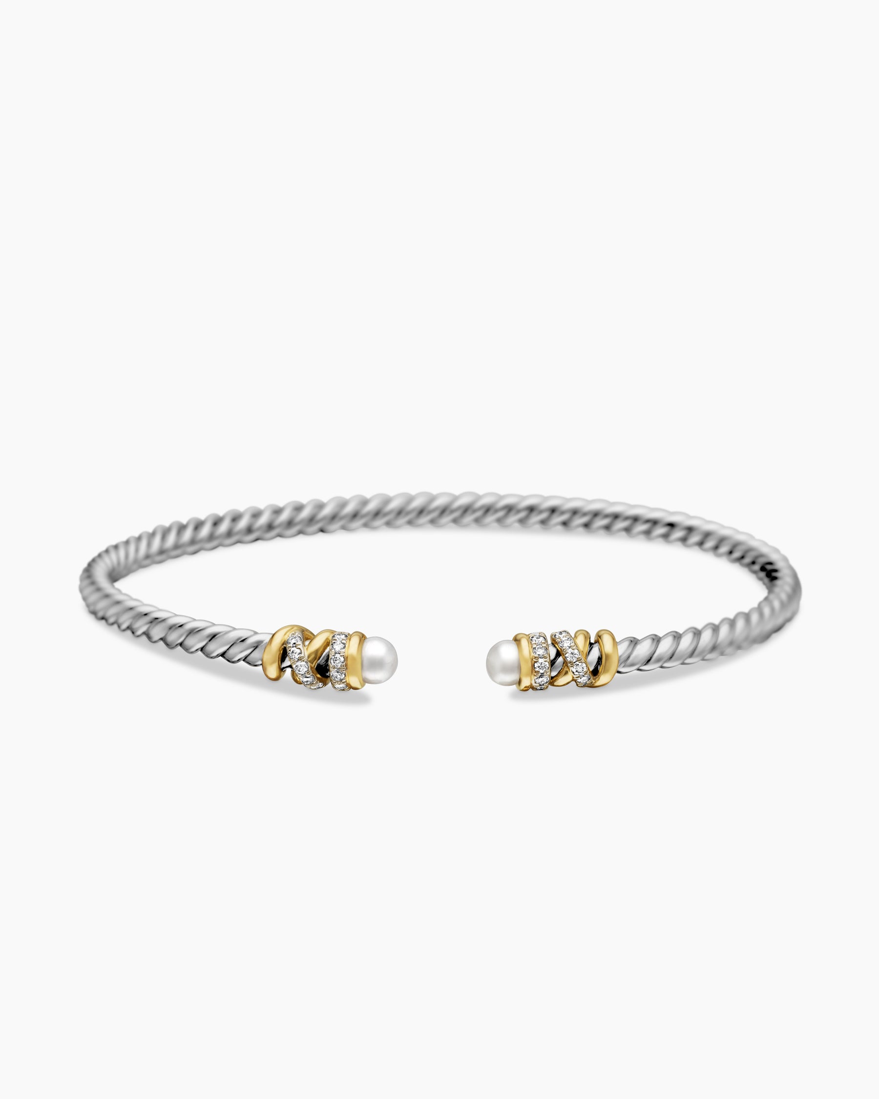 Petite Helena Classic Cable Bracelet in Sterling Silver with 18K Yellow Gold, Pearls and Diamonds, 3mm - Image 4