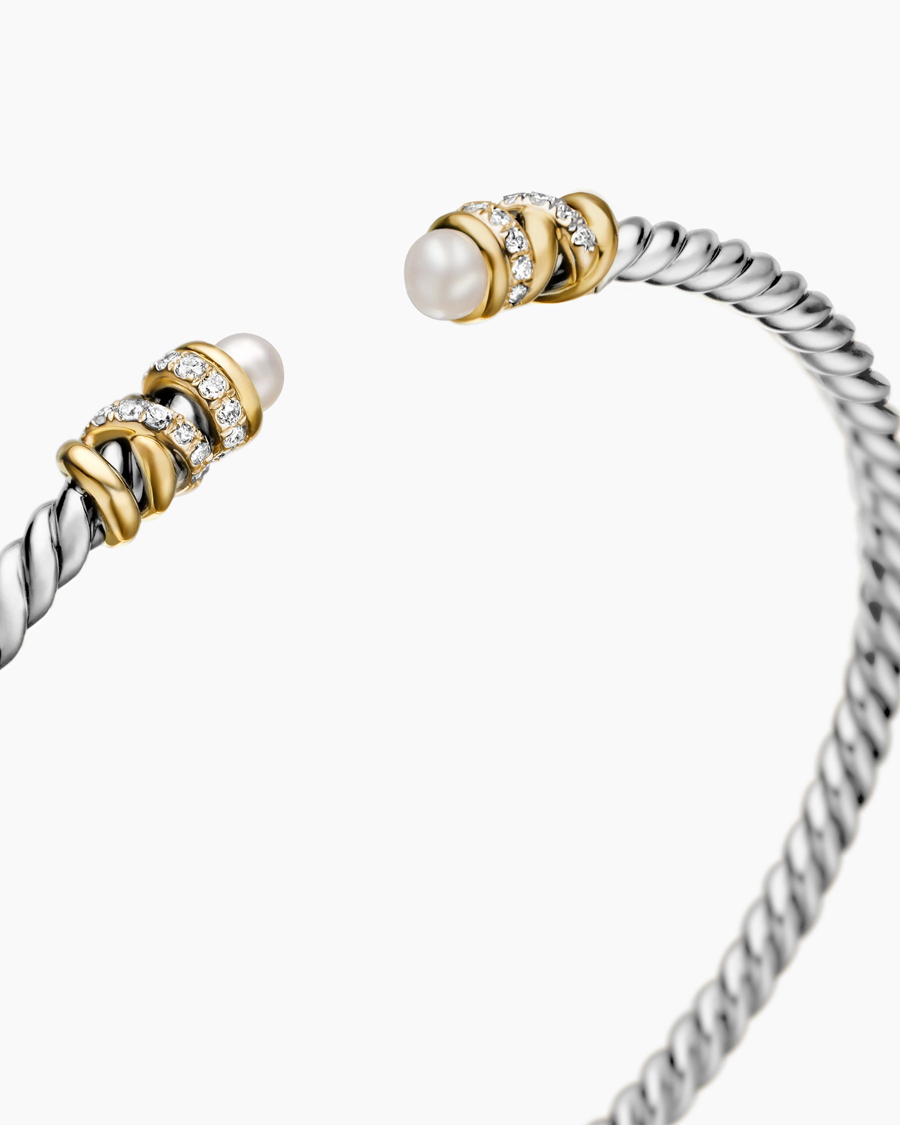 Petite Helena Classic Cable Bracelet in Sterling Silver with 18K Yellow Gold, Pearls and Diamonds, 3mm - Image 5