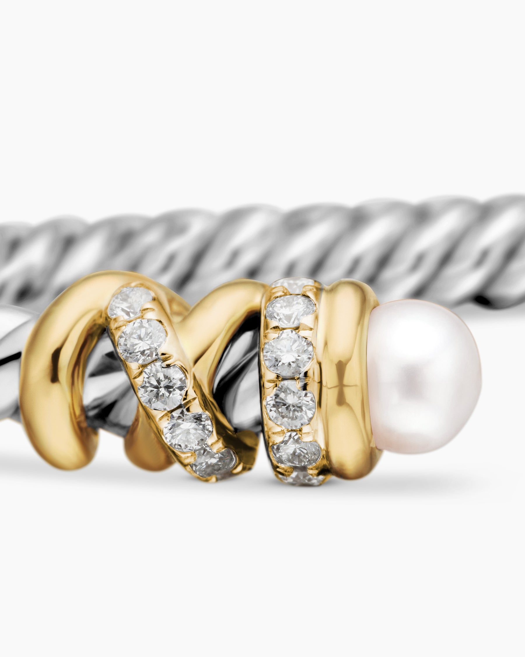 Petite Helena Classic Cable Bracelet in Sterling Silver with 18K Yellow Gold, Pearls and Diamonds, 3mm - Image 6