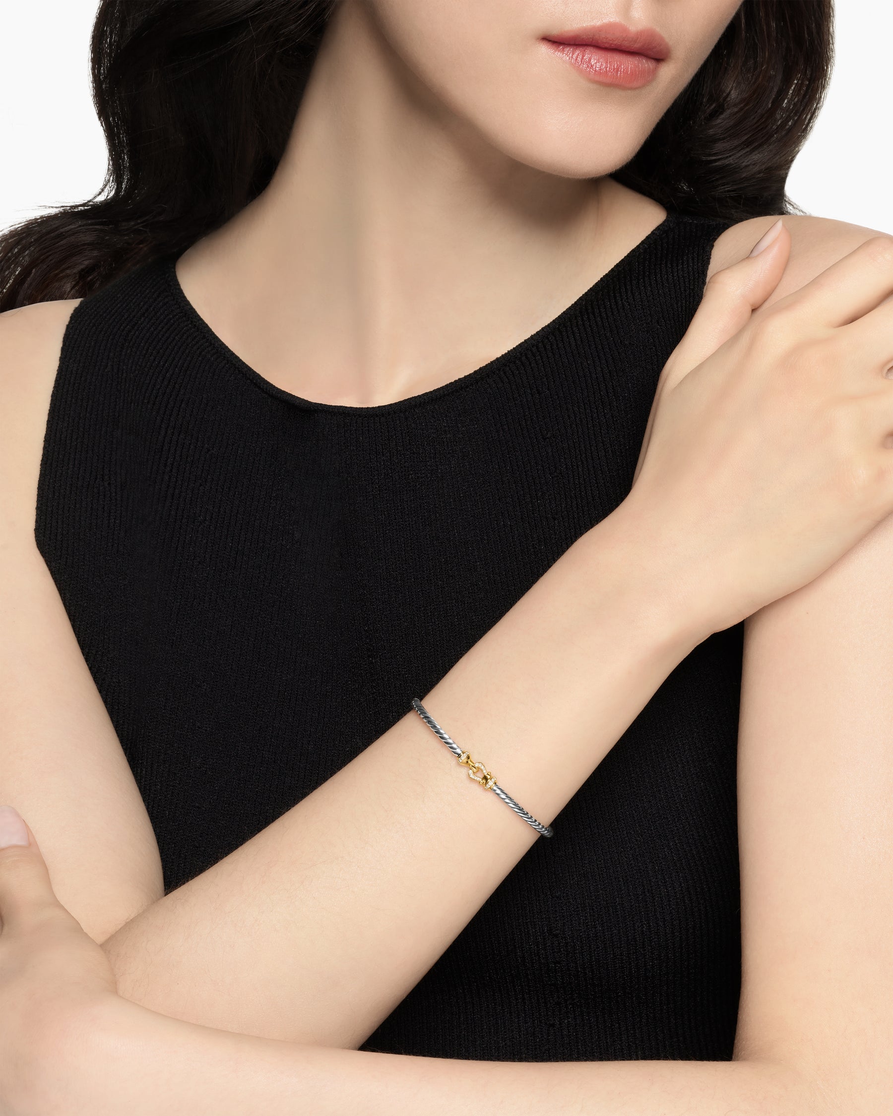 Alternative view of Buckle Classic Cable Bracelet in Sterling Silver with 18K Yellow Gold and Diamonds, 3mm