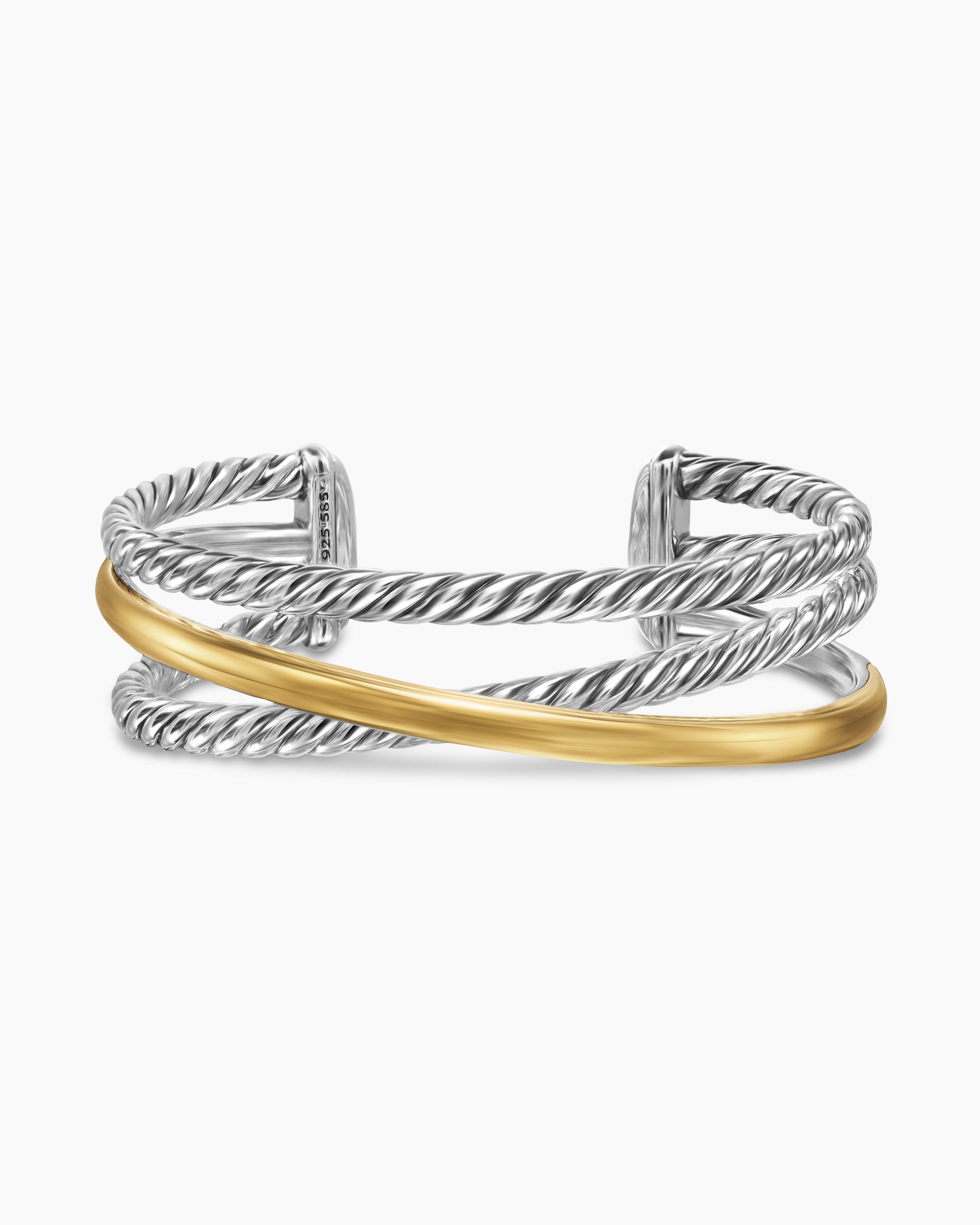 Bold Crossover Three Row Cuff Bracelet in Sterling Silver with 14K Yellow Gold, 19mm - Image 4