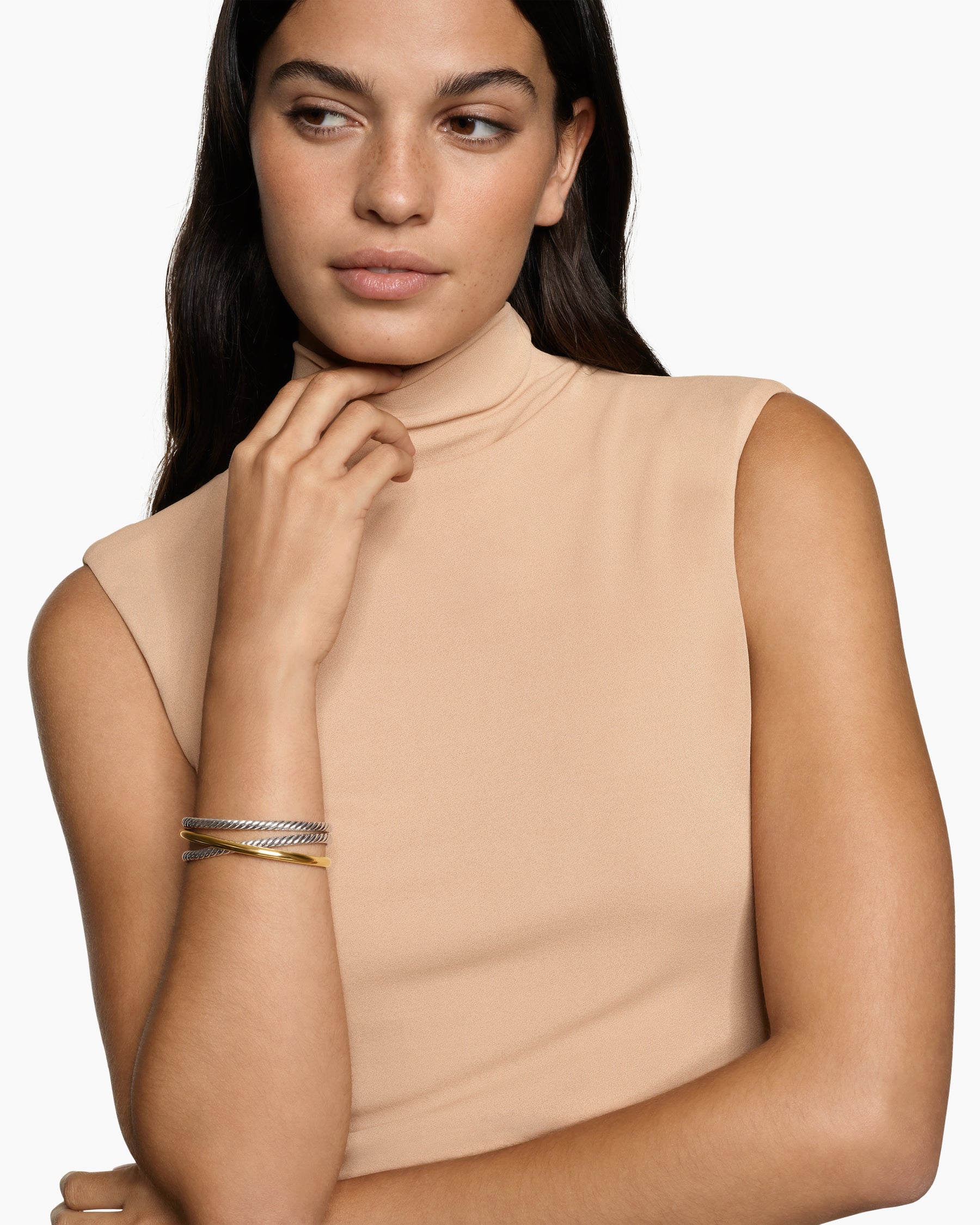 Alternative view of Bold Crossover Three Row Cuff Bracelet in Sterling Silver with 14K Yellow Gold, 19mm