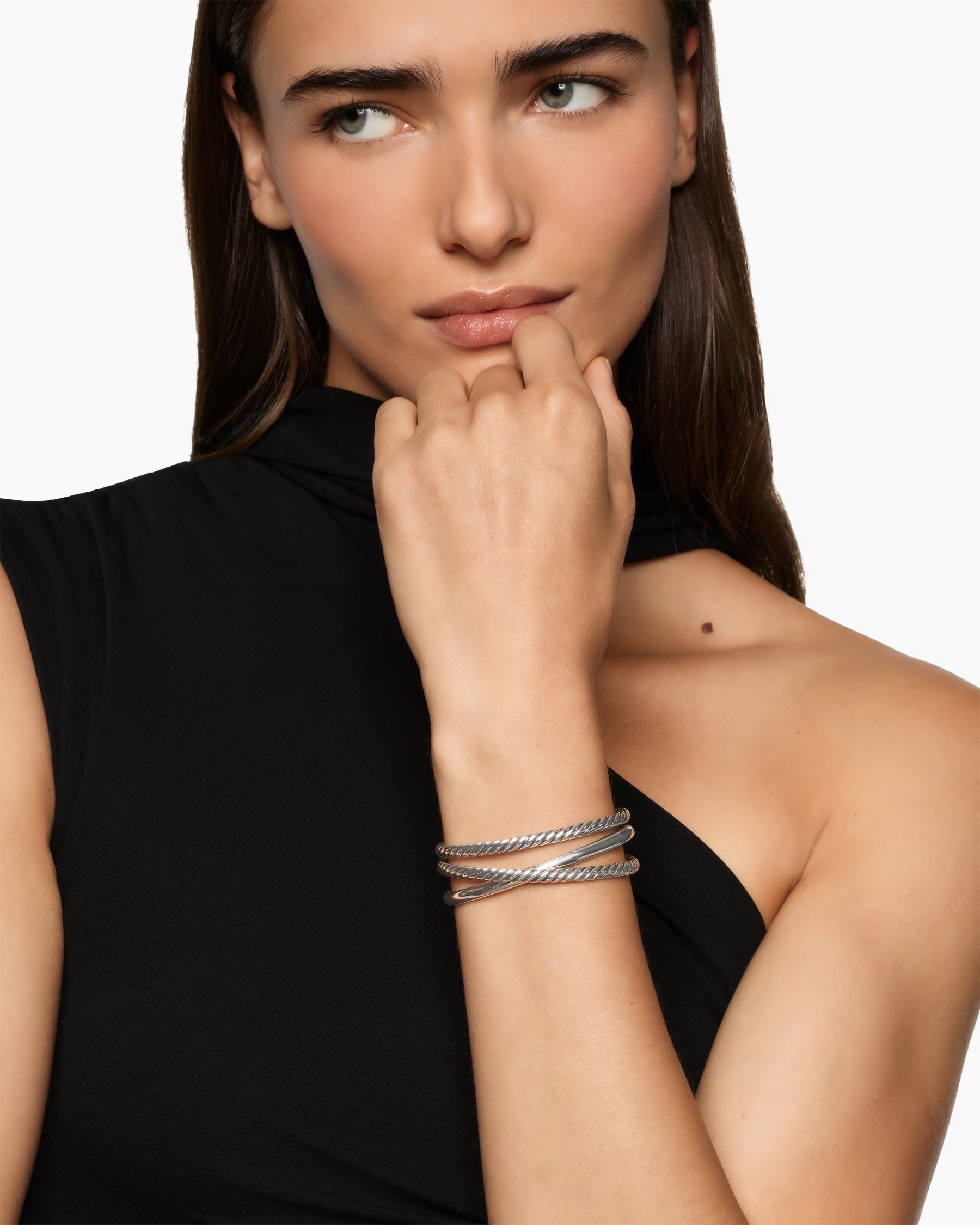 Alternative view of Bold Crossover Three Row Cuff Bracelet in Sterling Silver, 19mm