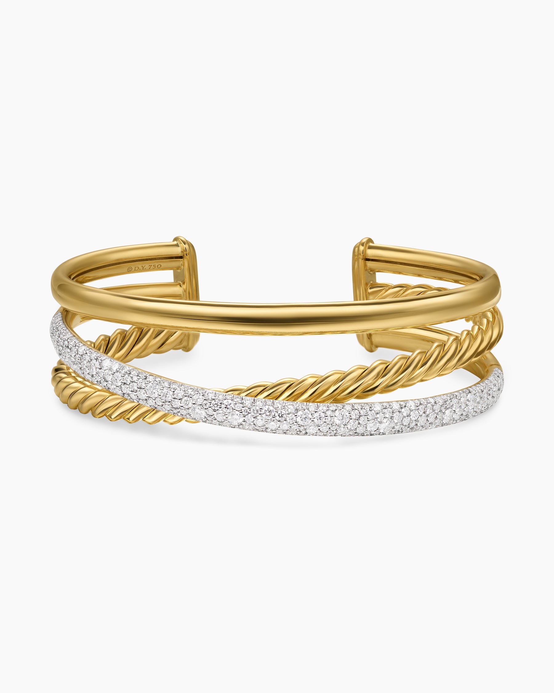 Pavé Crossover Three Row Cuff Bracelet in 18K Yellow Gold with Diamonds, 20mm - Image 4