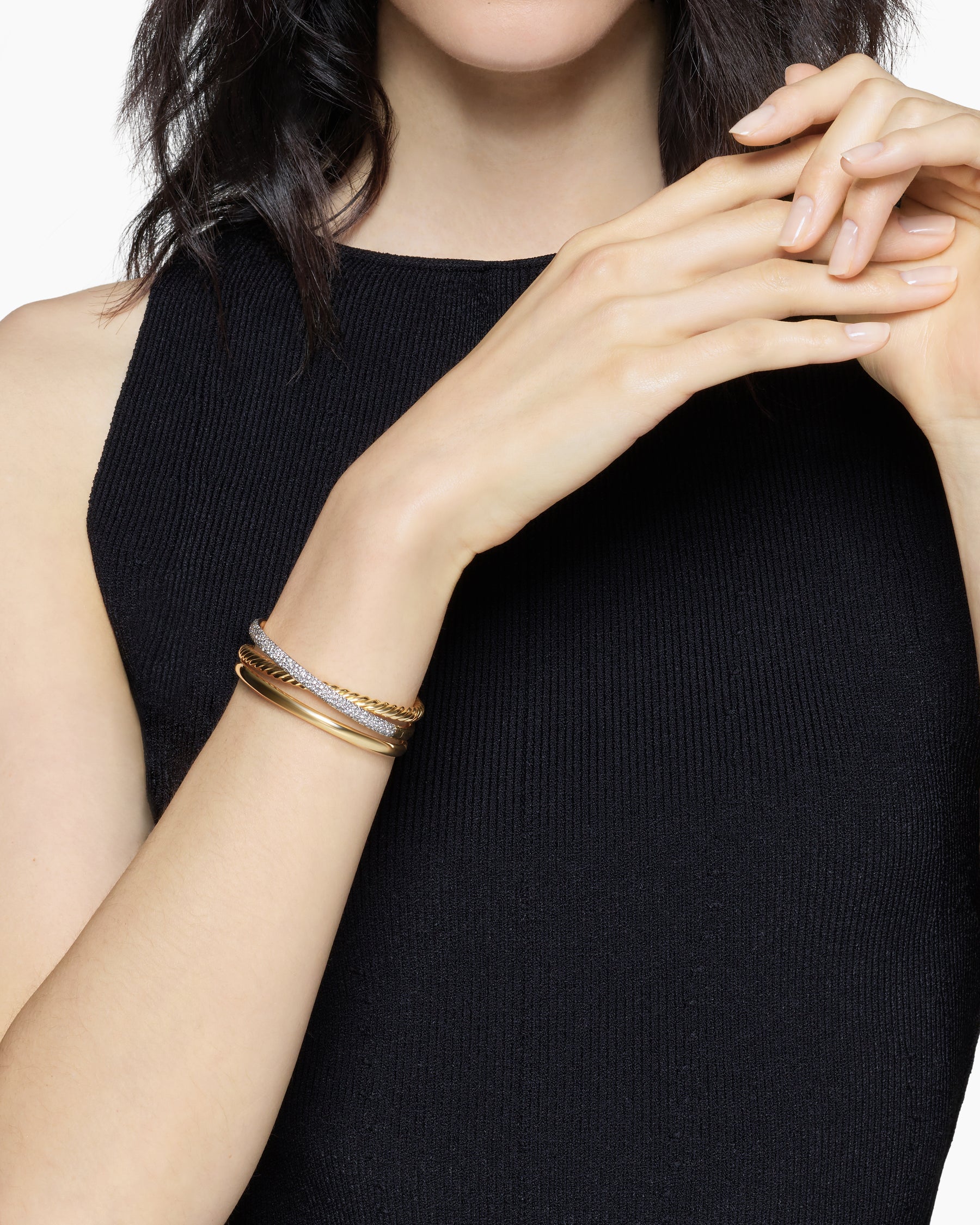 Alternative view of Pavé Crossover Three Row Cuff Bracelet in 18K Yellow Gold with Diamonds, 20mm