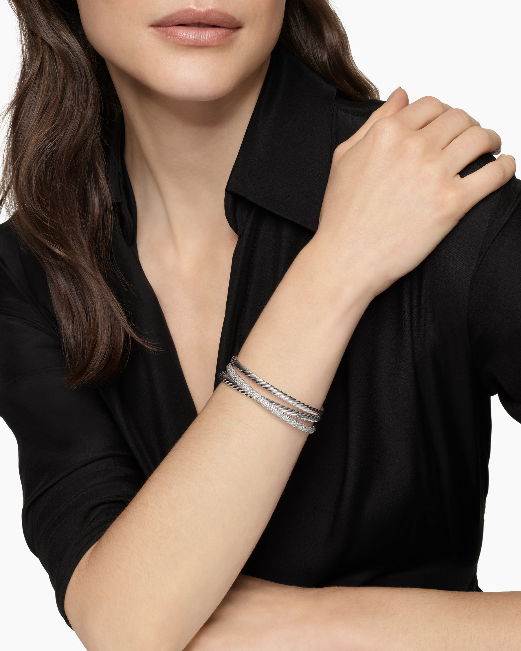 Alternative view of Pavé Crossover Three Row Cuff Bracelet in Sterling Silver with Diamonds, 20mm