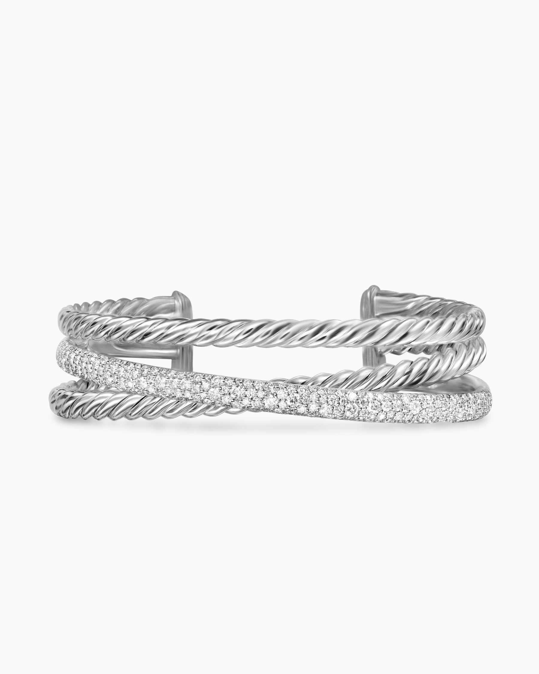 Pavé Crossover Three Row Cuff Bracelet in Sterling Silver with Diamonds, 20mm