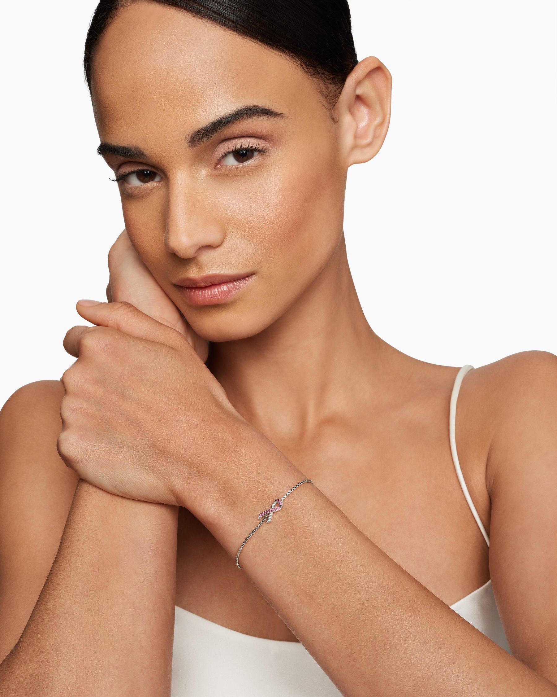 Cable Collectibles Ribbon Chain Bracelet in Sterling Silver with Pavé Pink Sapphires, 1.5mm - Image 2